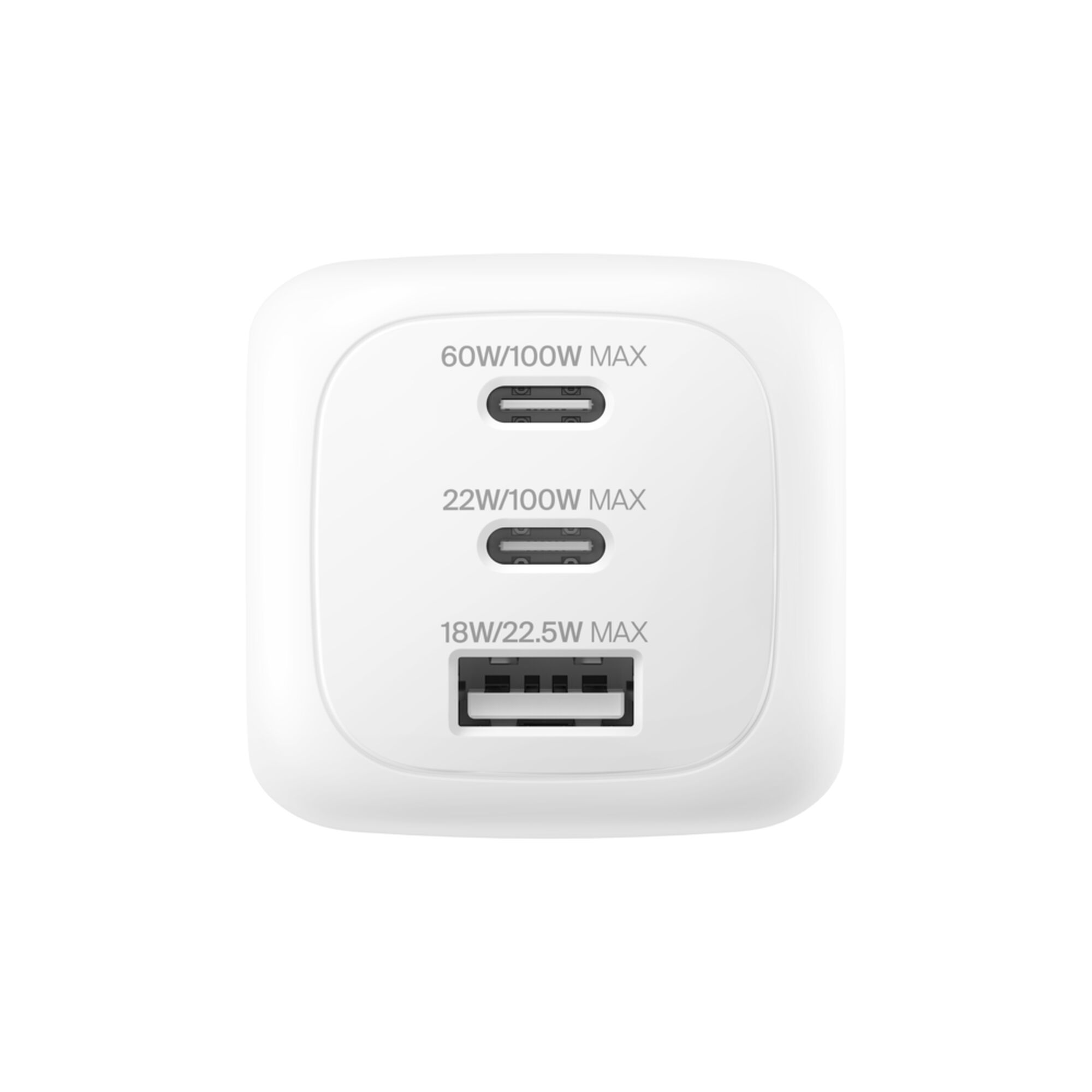 White Belkin BoostCharge Pro 100W GaN wall charger with two USB-C ports and one USB-A port. — view 8