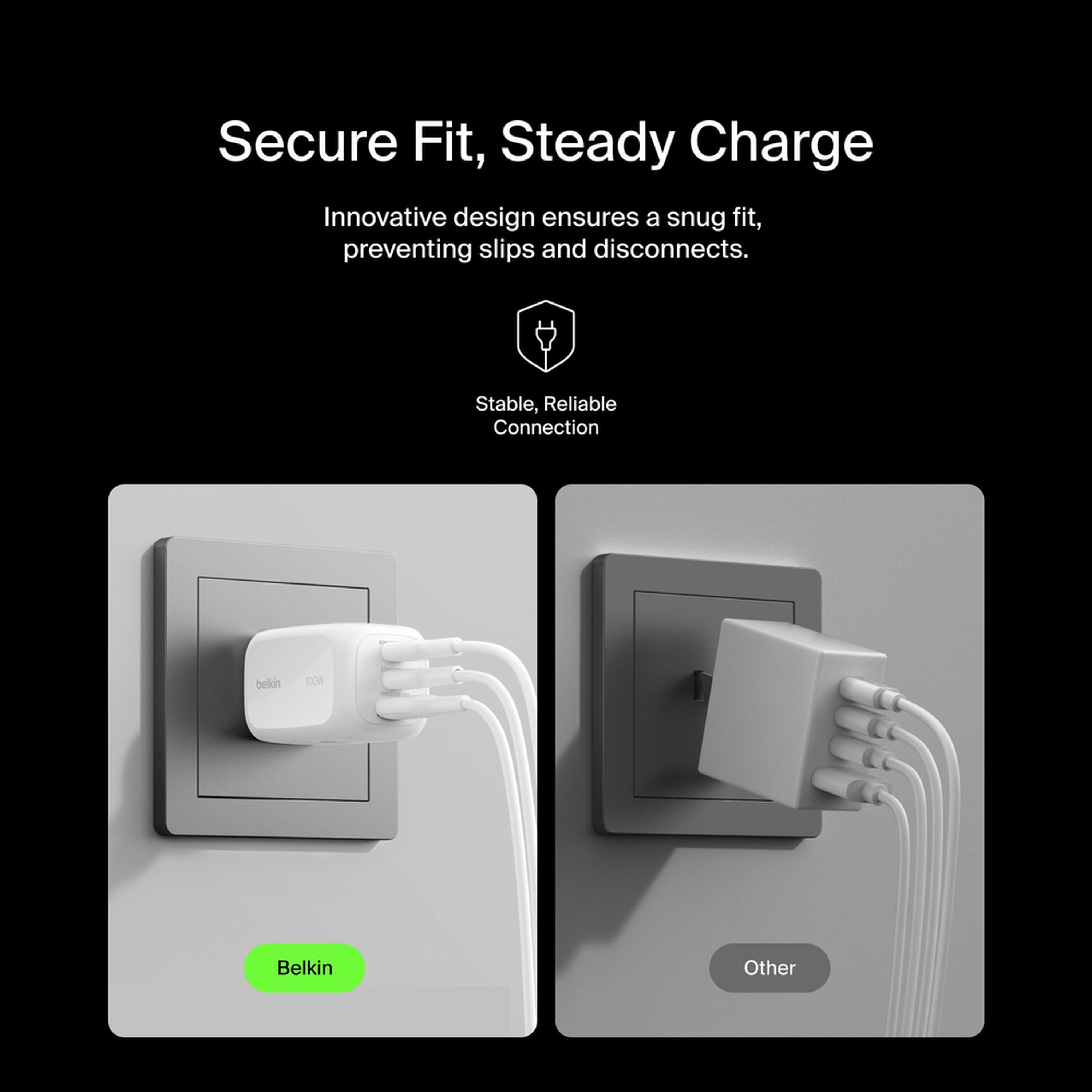 White Belkin BoostCharge Pro 100W GaN wall charger with two USB-C ports and one USB-A port. — view 5