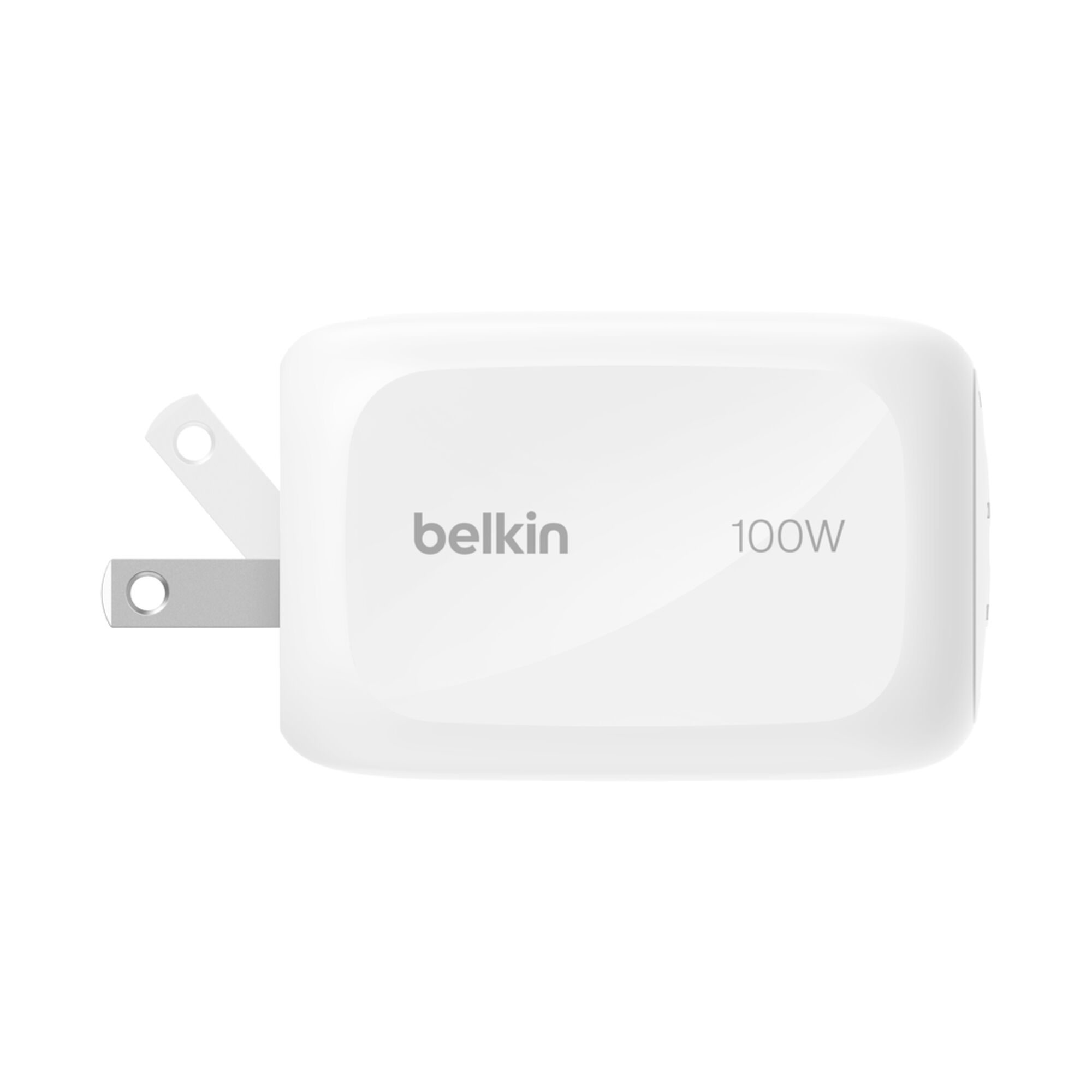 White Belkin BoostCharge Pro 100W GaN wall charger with two USB-C ports and one USB-A port. — view 9