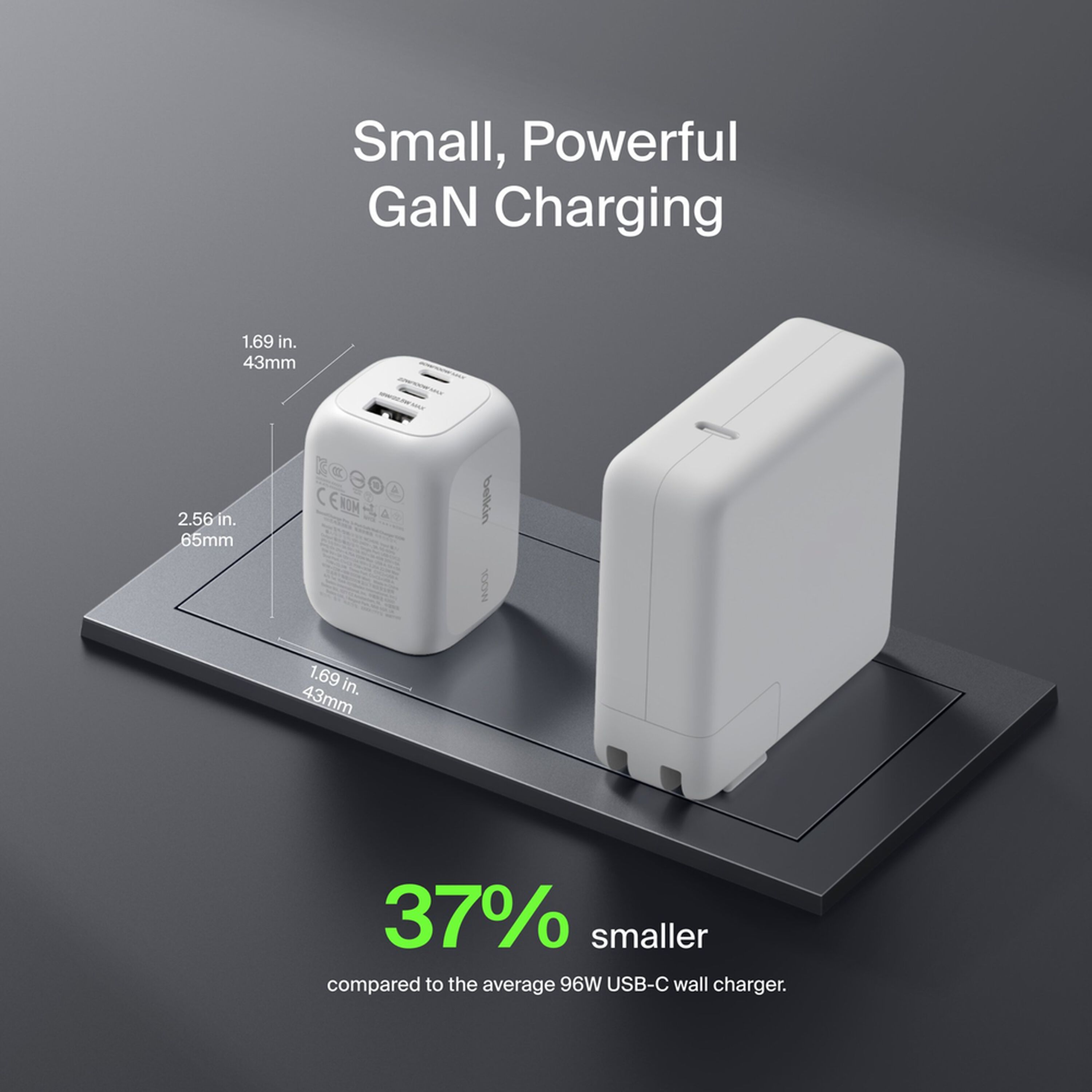 White Belkin BoostCharge Pro 100W GaN wall charger with two USB-C ports and one USB-A port. — view 4