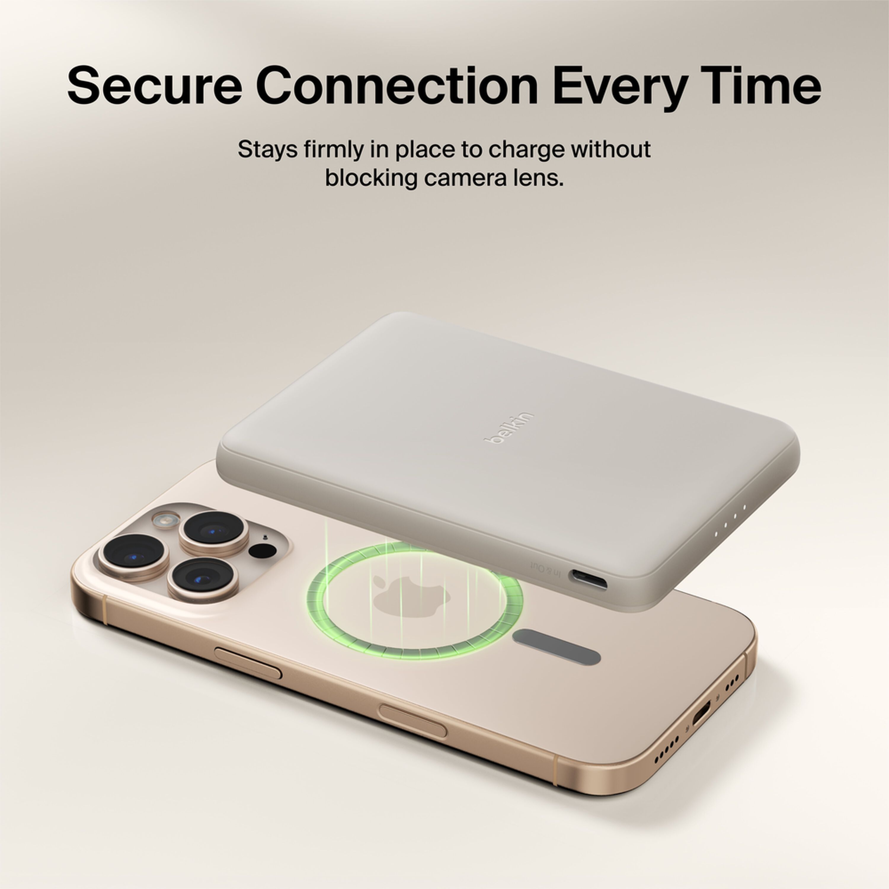 Sand-colored Belkin BoostCharge Slim Magnetic Power Bank 5K shown with its USB-C port. — view 2