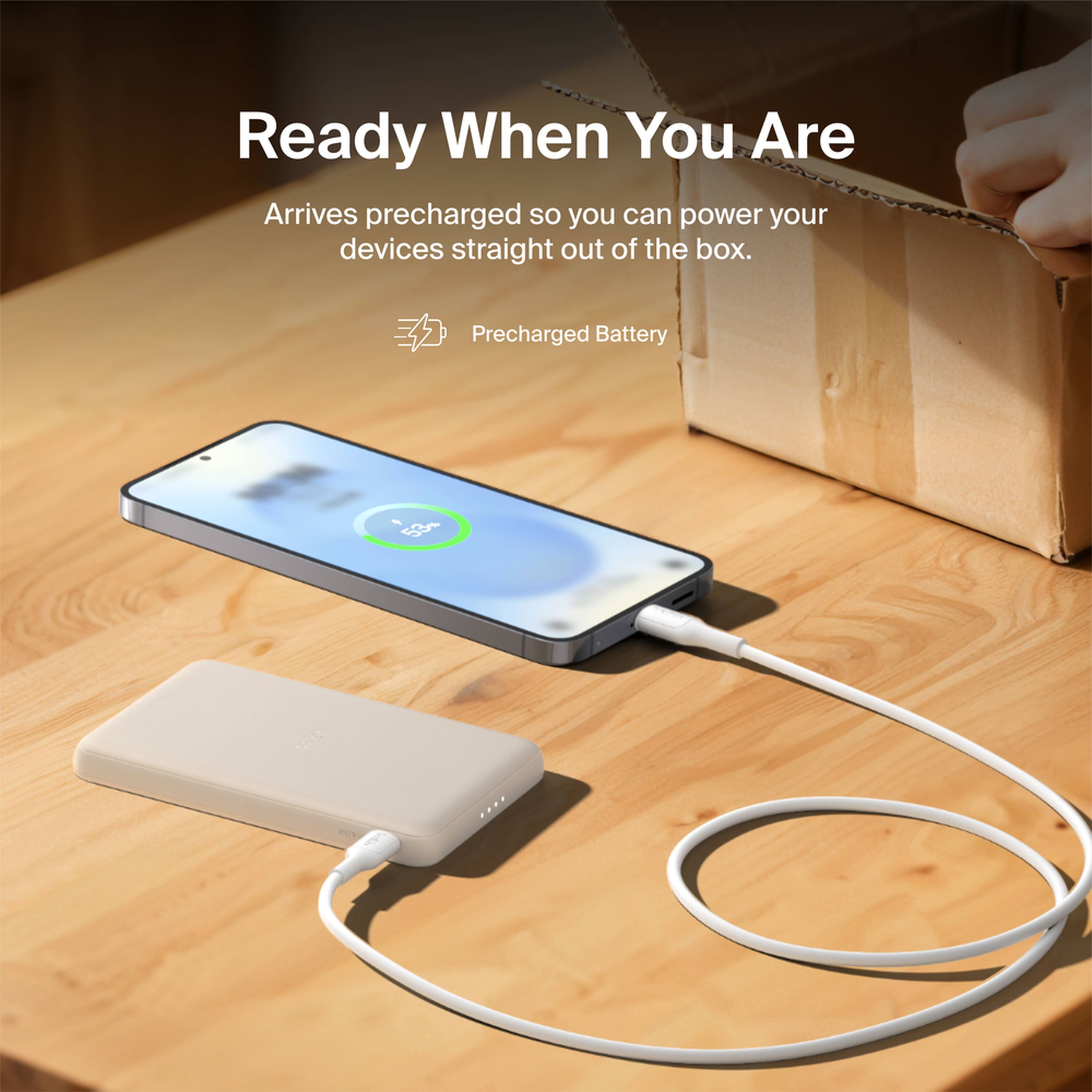 Sand-colored Belkin BoostCharge Slim Magnetic Power Bank 5K shown with its USB-C port. — view 7