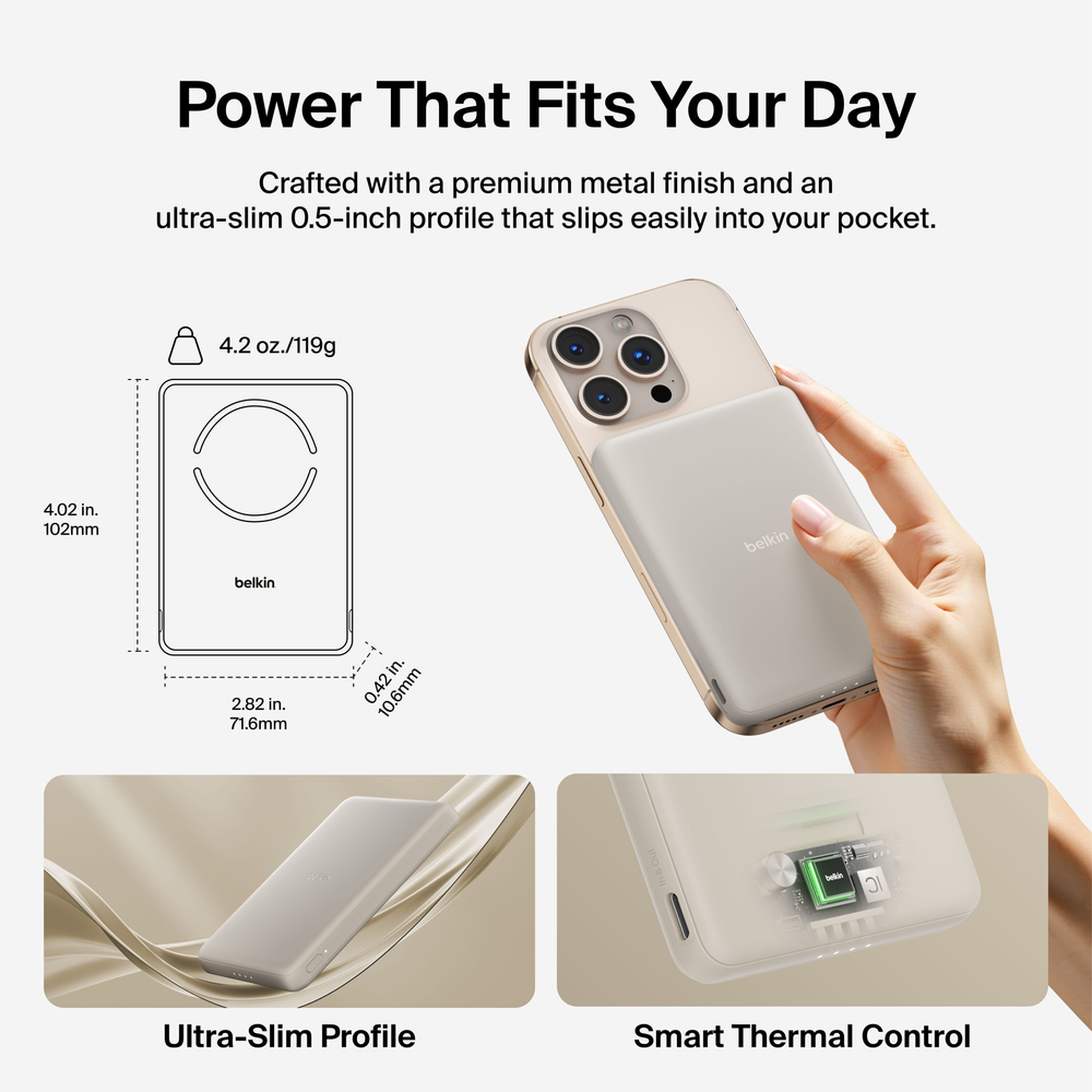 Sand-colored Belkin BoostCharge Slim Magnetic Power Bank 5K shown with its USB-C port. — view 3