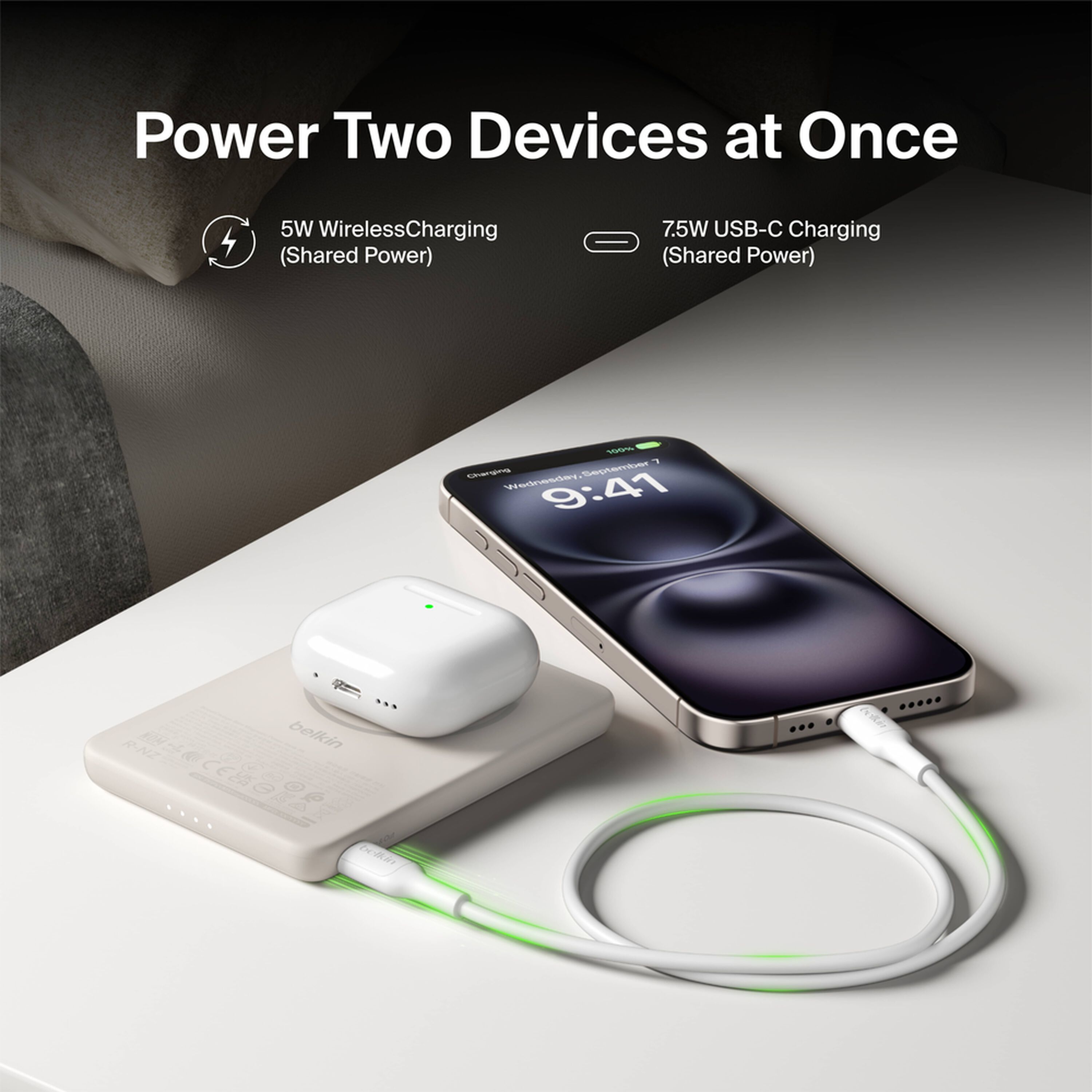 Sand-colored Belkin BoostCharge Slim Magnetic Power Bank 5K shown with its USB-C port. — view 6