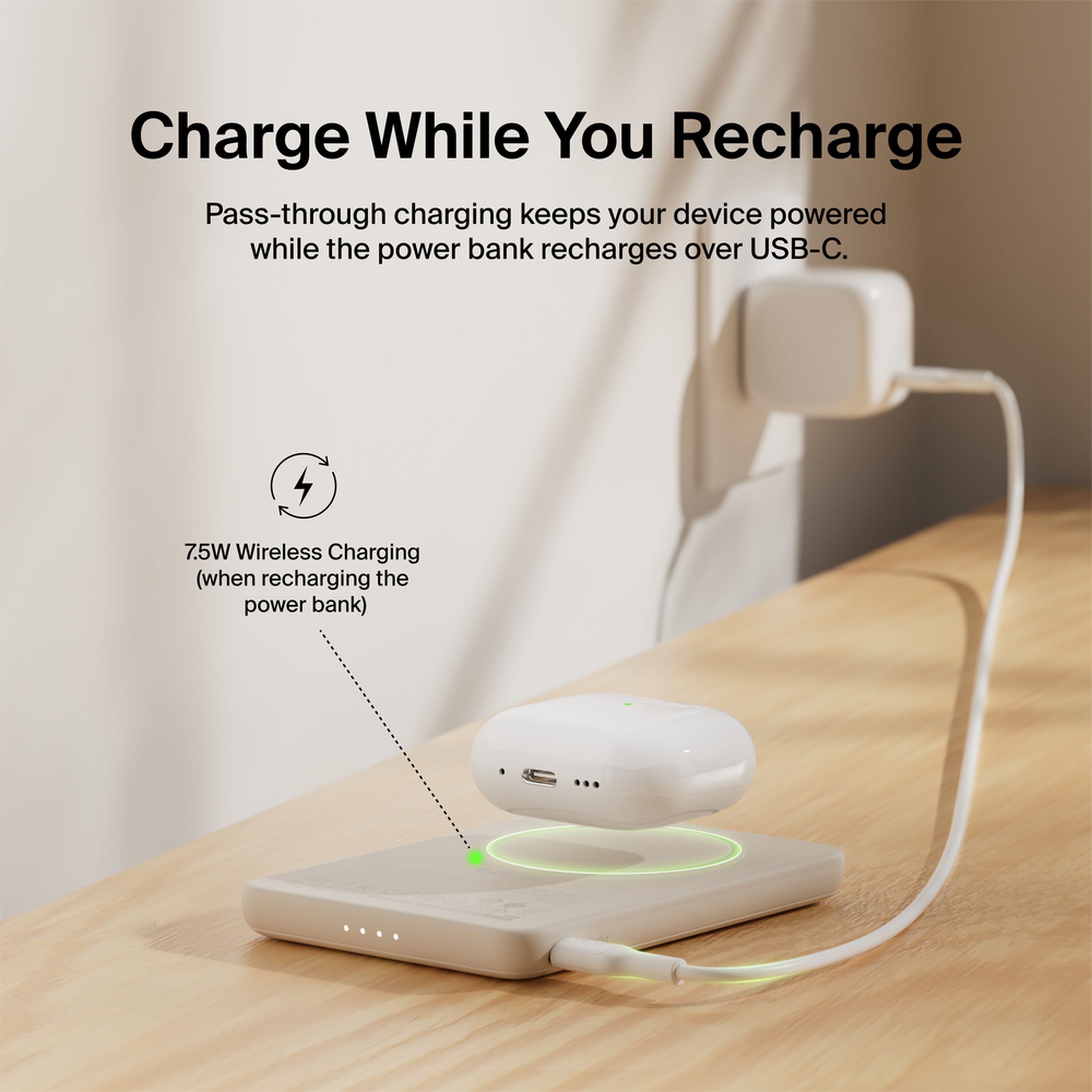 Sand-colored Belkin BoostCharge Slim Magnetic Power Bank 5K shown with its USB-C port. — view 8