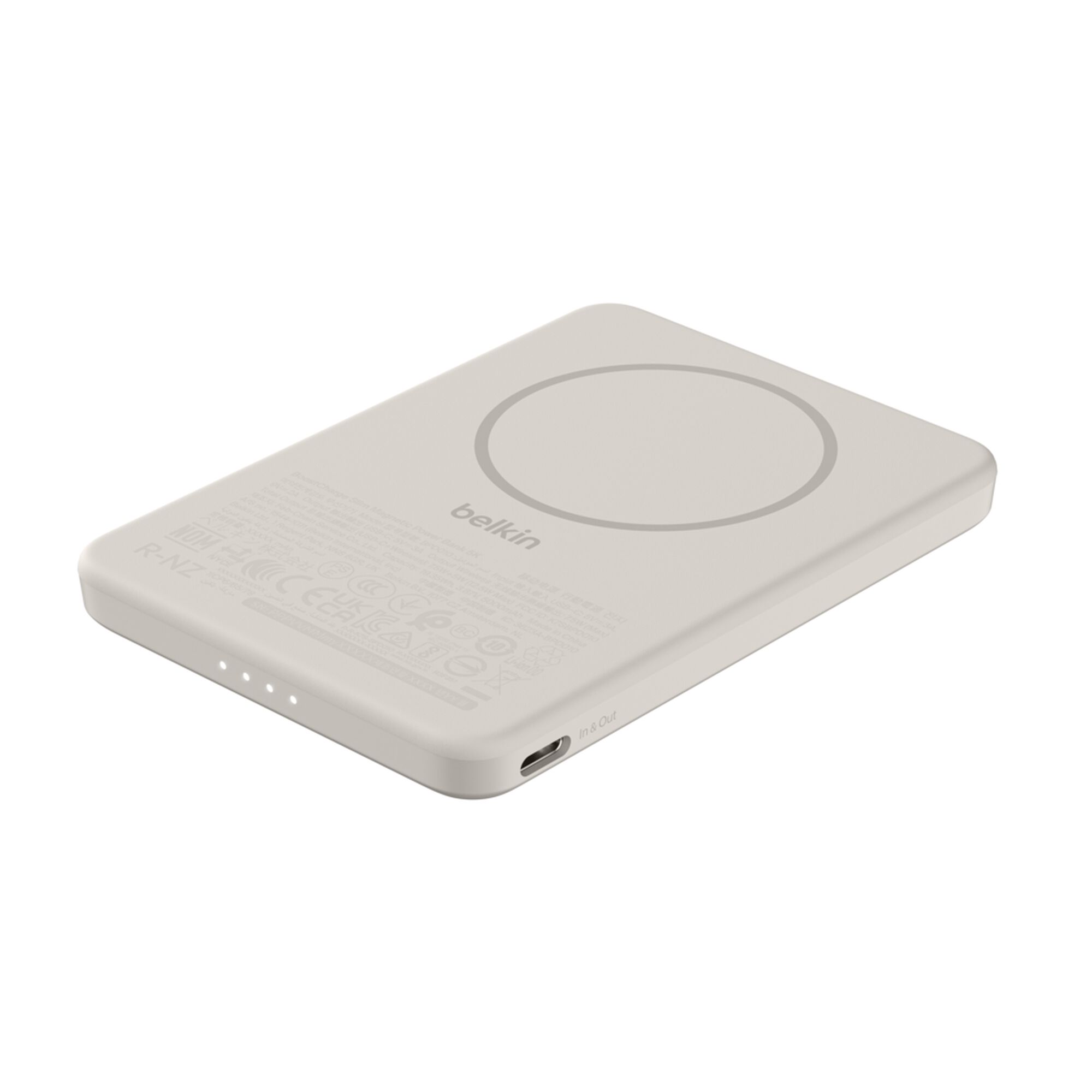 Sand-colored Belkin BoostCharge Slim Magnetic Power Bank 5K shown with its USB-C port. — view 11