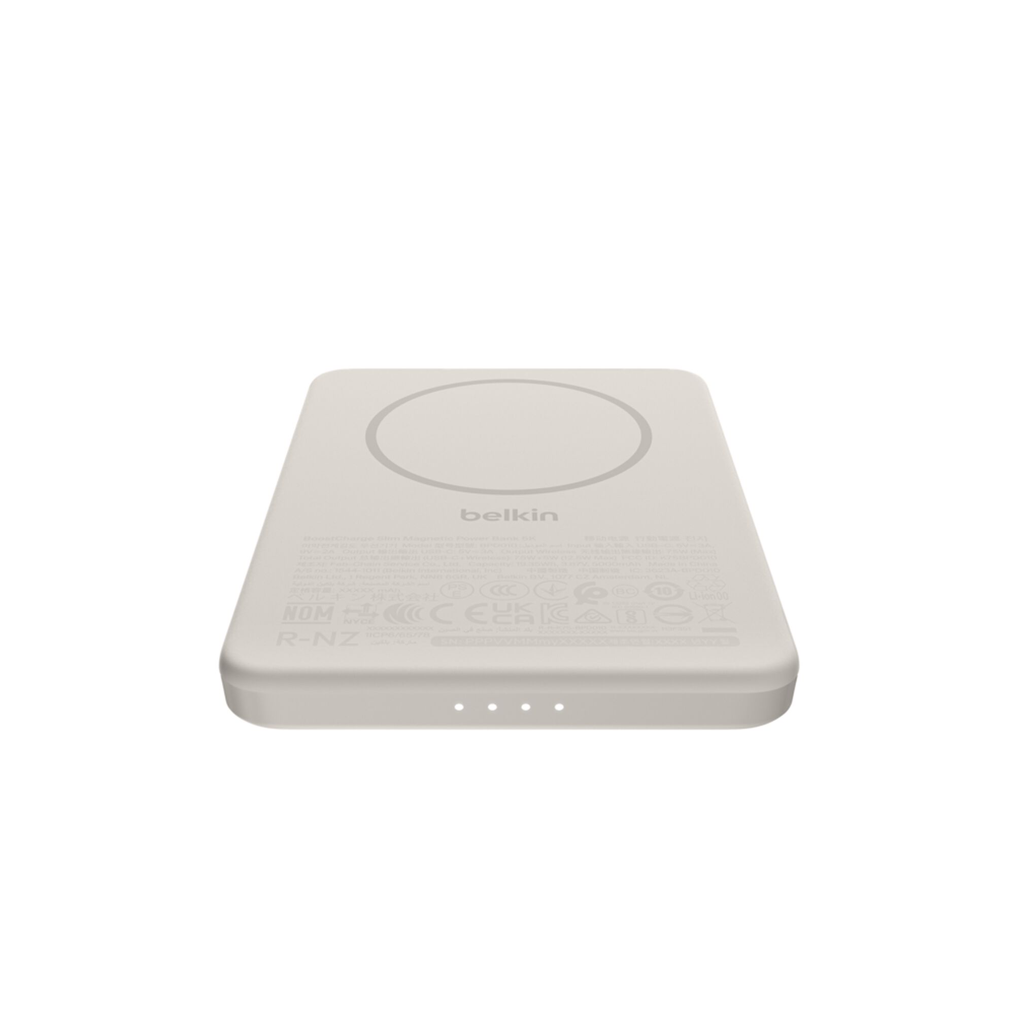 Sand-colored Belkin BoostCharge Slim Magnetic Power Bank 5K shown with its USB-C port. — view 12