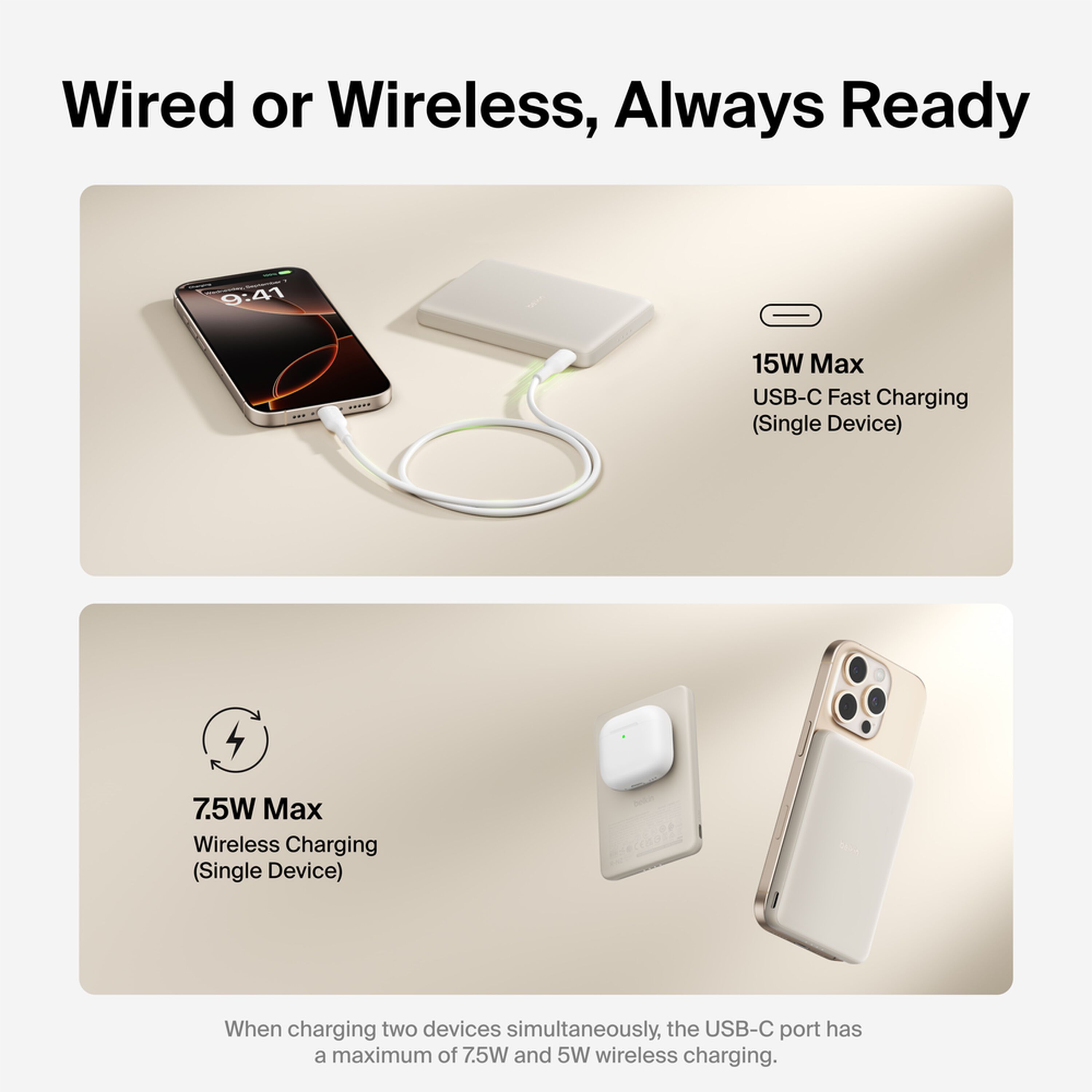 Sand-colored Belkin BoostCharge Slim Magnetic Power Bank 5K shown with its USB-C port. — view 4