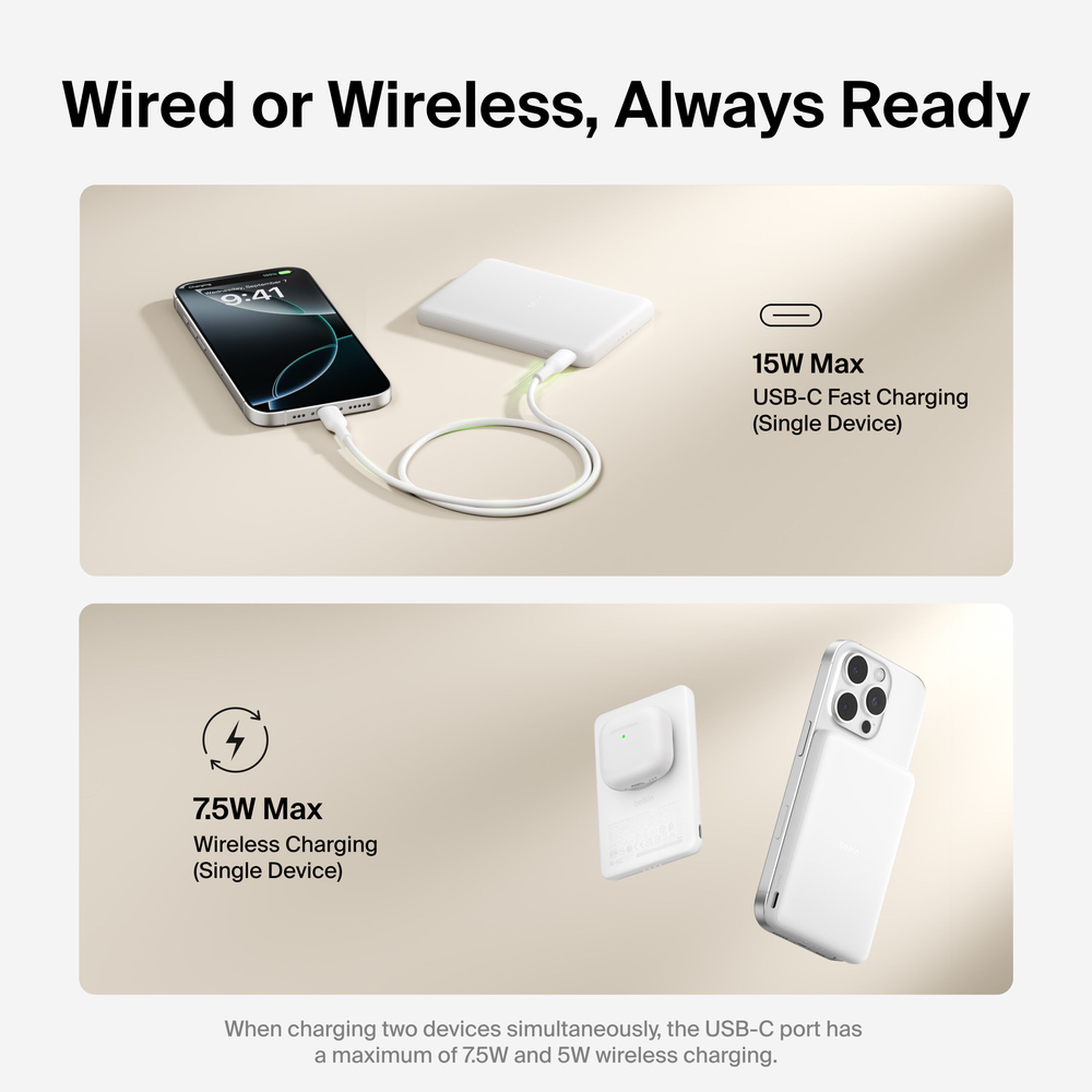 White Belkin BoostCharge Slim Magnetic Power Bank 5K with a USB-C port, shown with its USB-C cable. — view 4