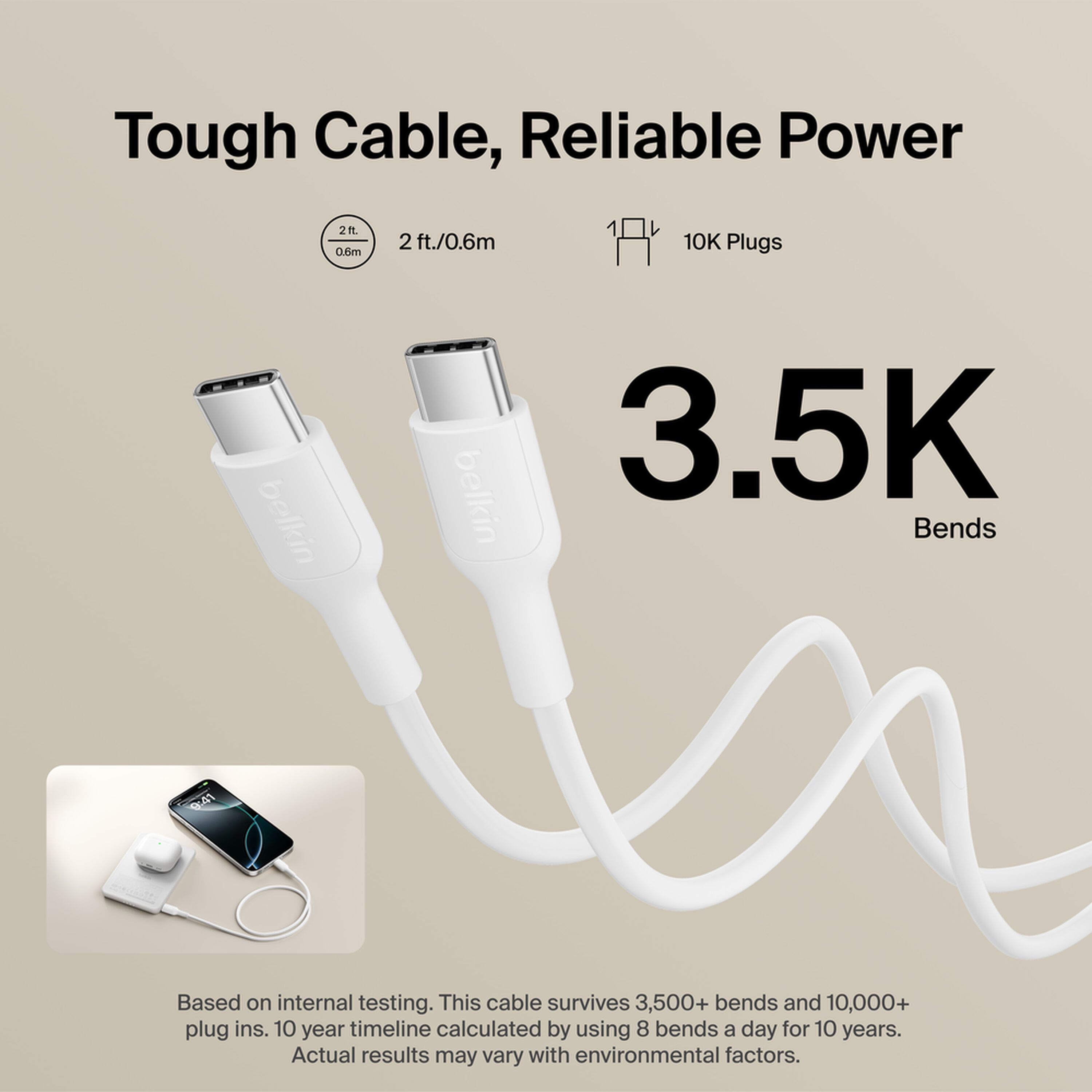 White Belkin BoostCharge Slim Magnetic Power Bank 5K with a USB-C port, shown with its USB-C cable. — view 5