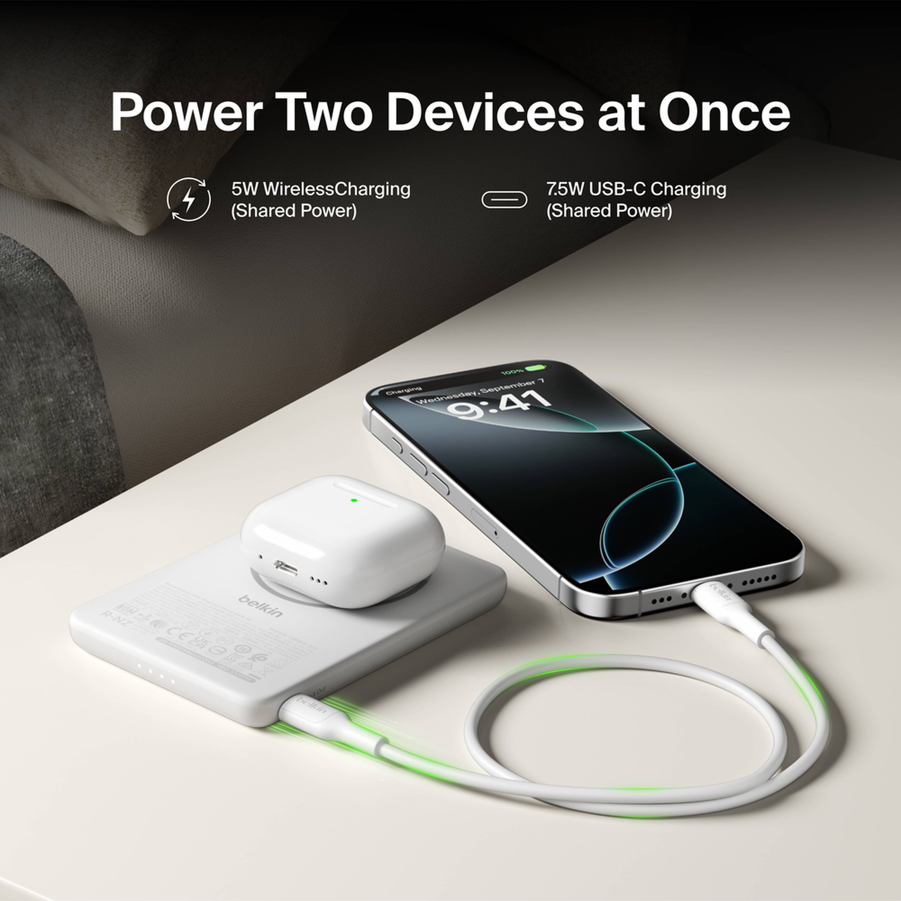 White Belkin BoostCharge Slim Magnetic Power Bank 5K with a USB-C port, shown with its USB-C cable. — view 6