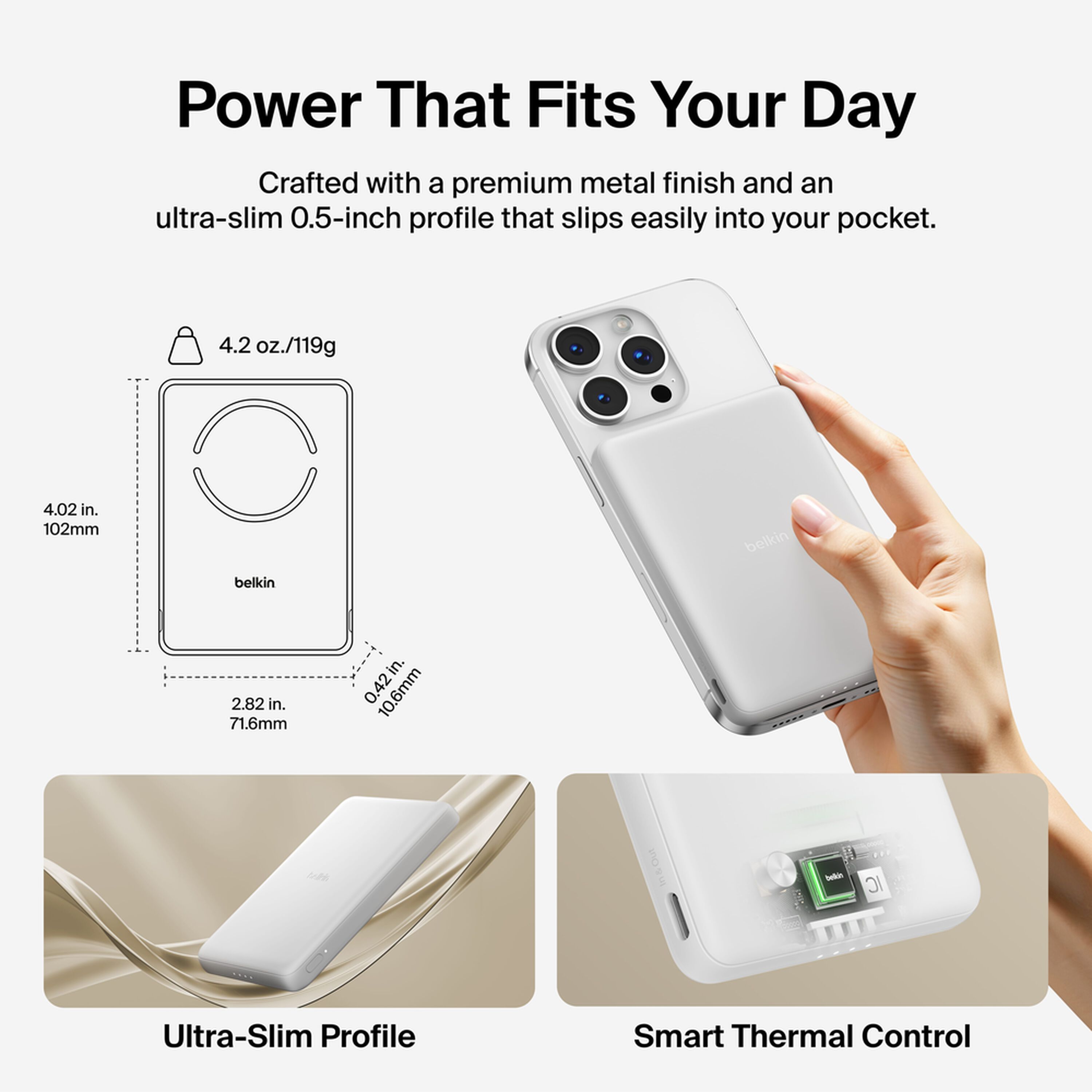 White Belkin BoostCharge Slim Magnetic Power Bank 5K with a USB-C port, shown with its USB-C cable. — view 3