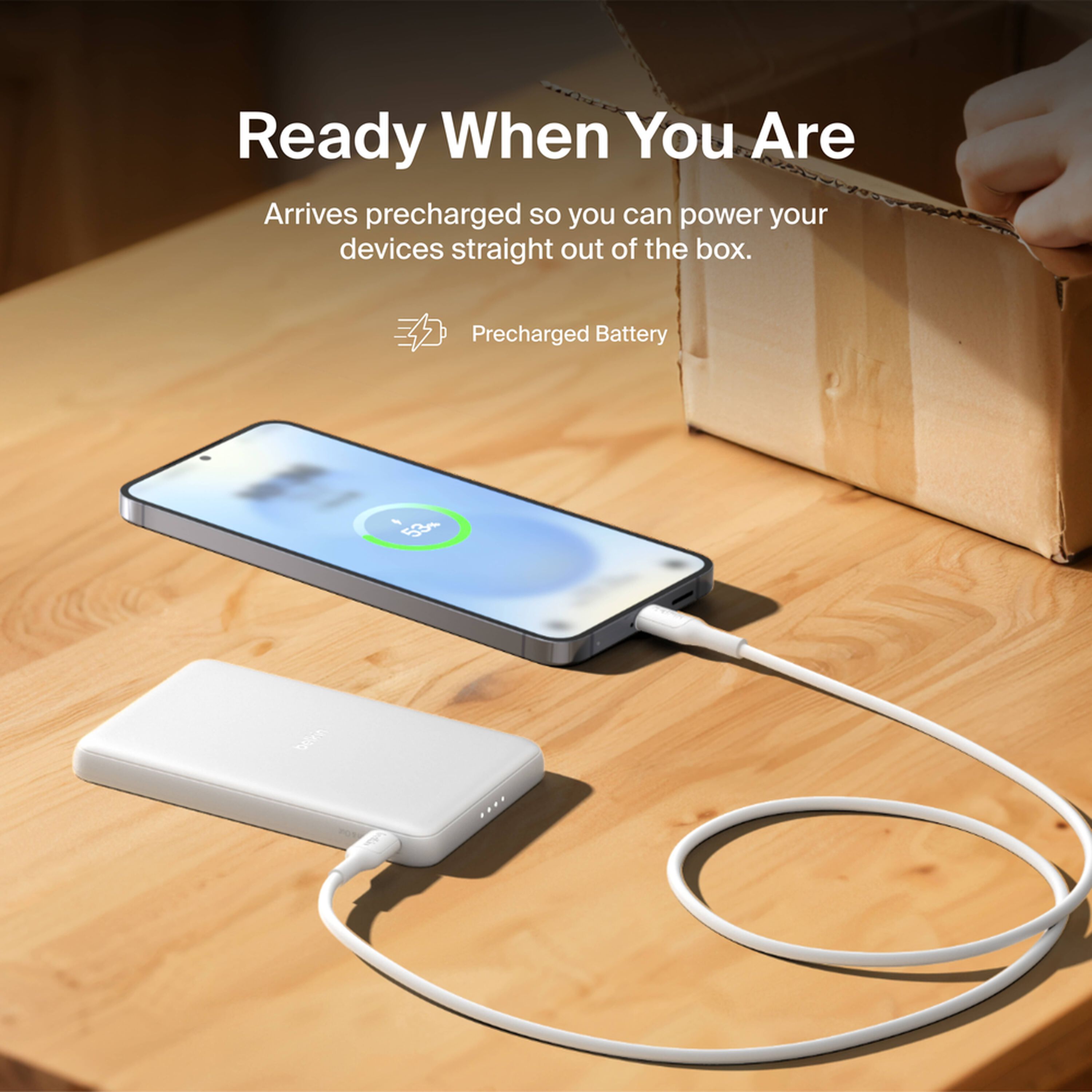 White Belkin BoostCharge Slim Magnetic Power Bank 5K with a USB-C port, shown with its USB-C cable. — view 7