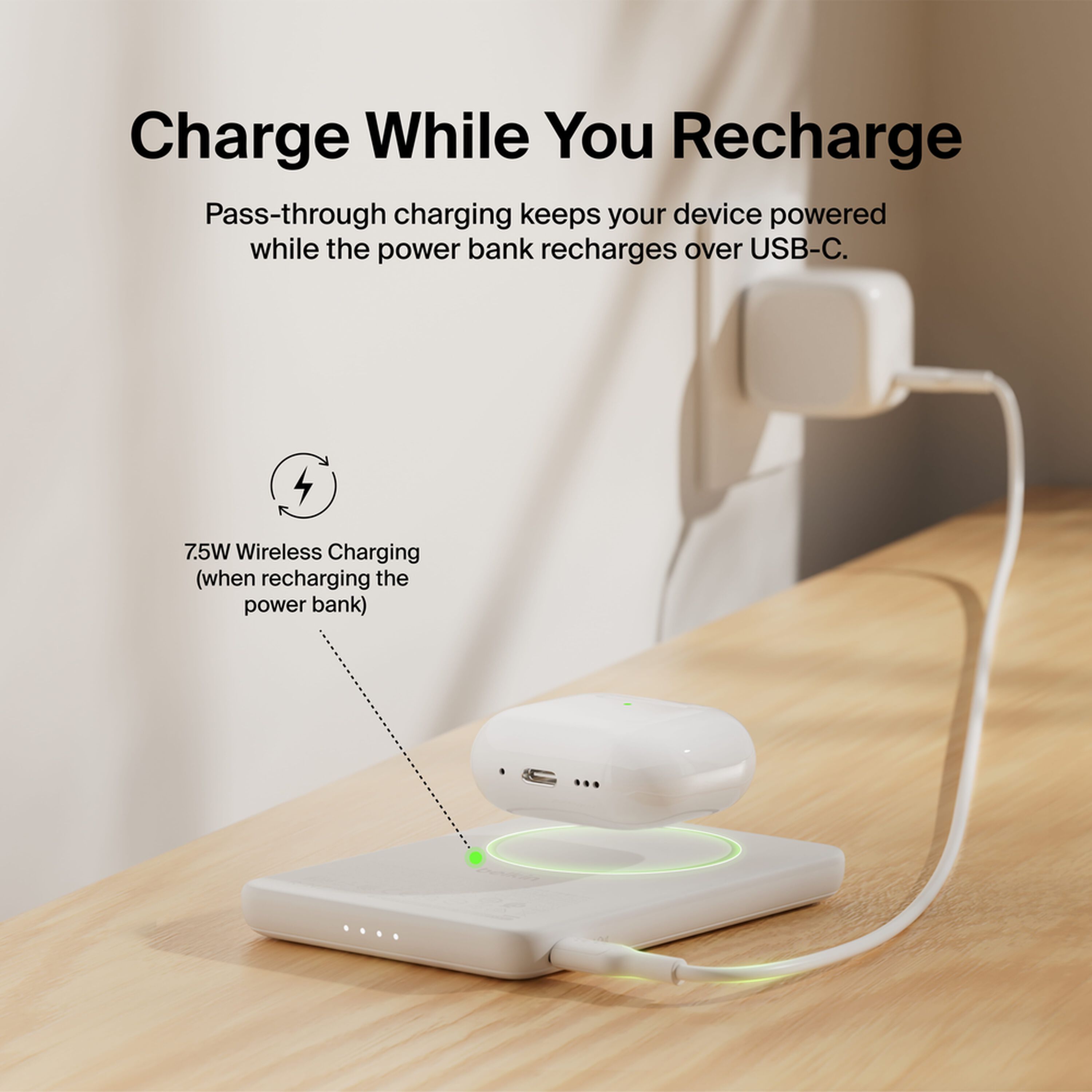 White Belkin BoostCharge Slim Magnetic Power Bank 5K with a USB-C port, shown with its USB-C cable. — view 8