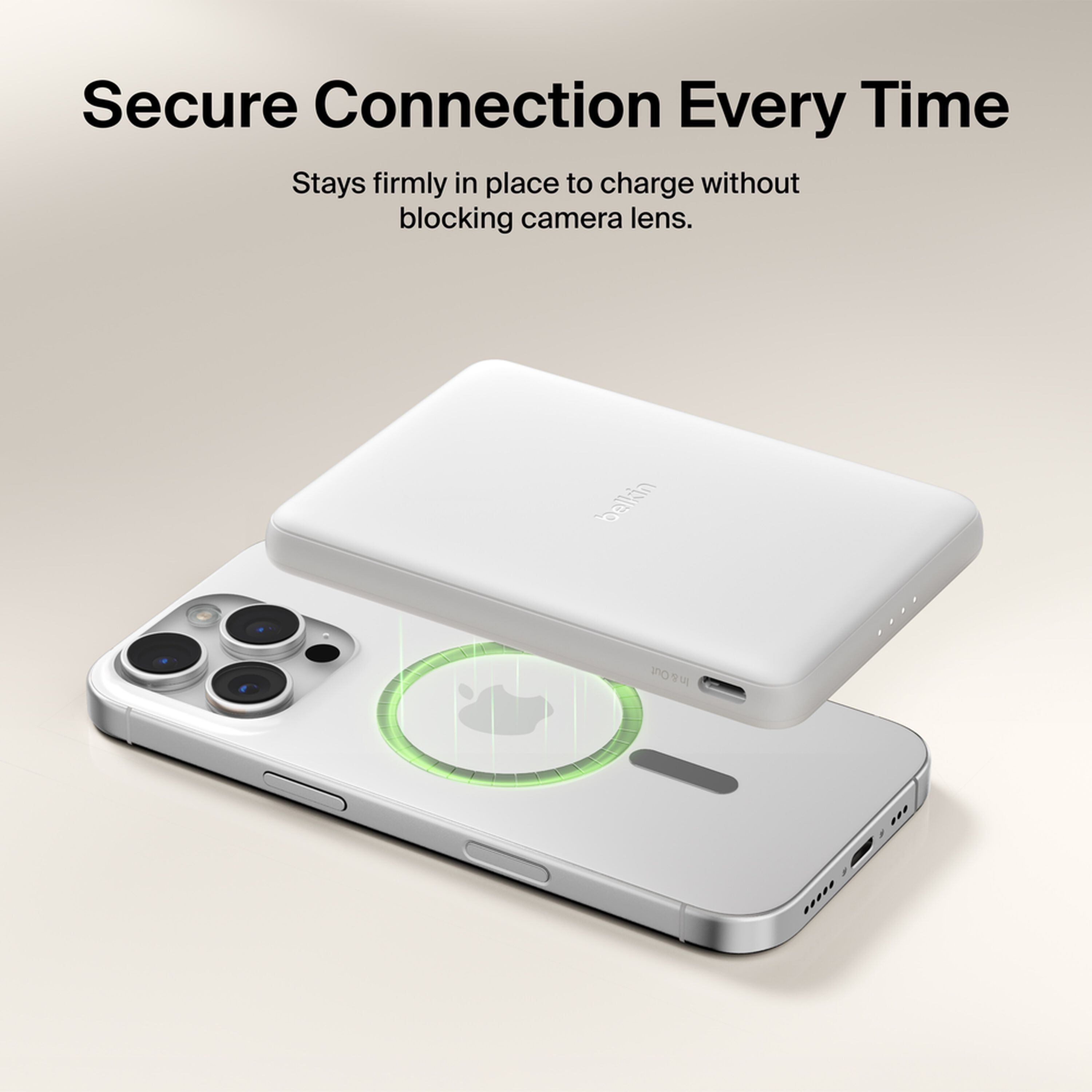 White Belkin BoostCharge Slim Magnetic Power Bank 5K with a USB-C port, shown with its USB-C cable. — view 2
