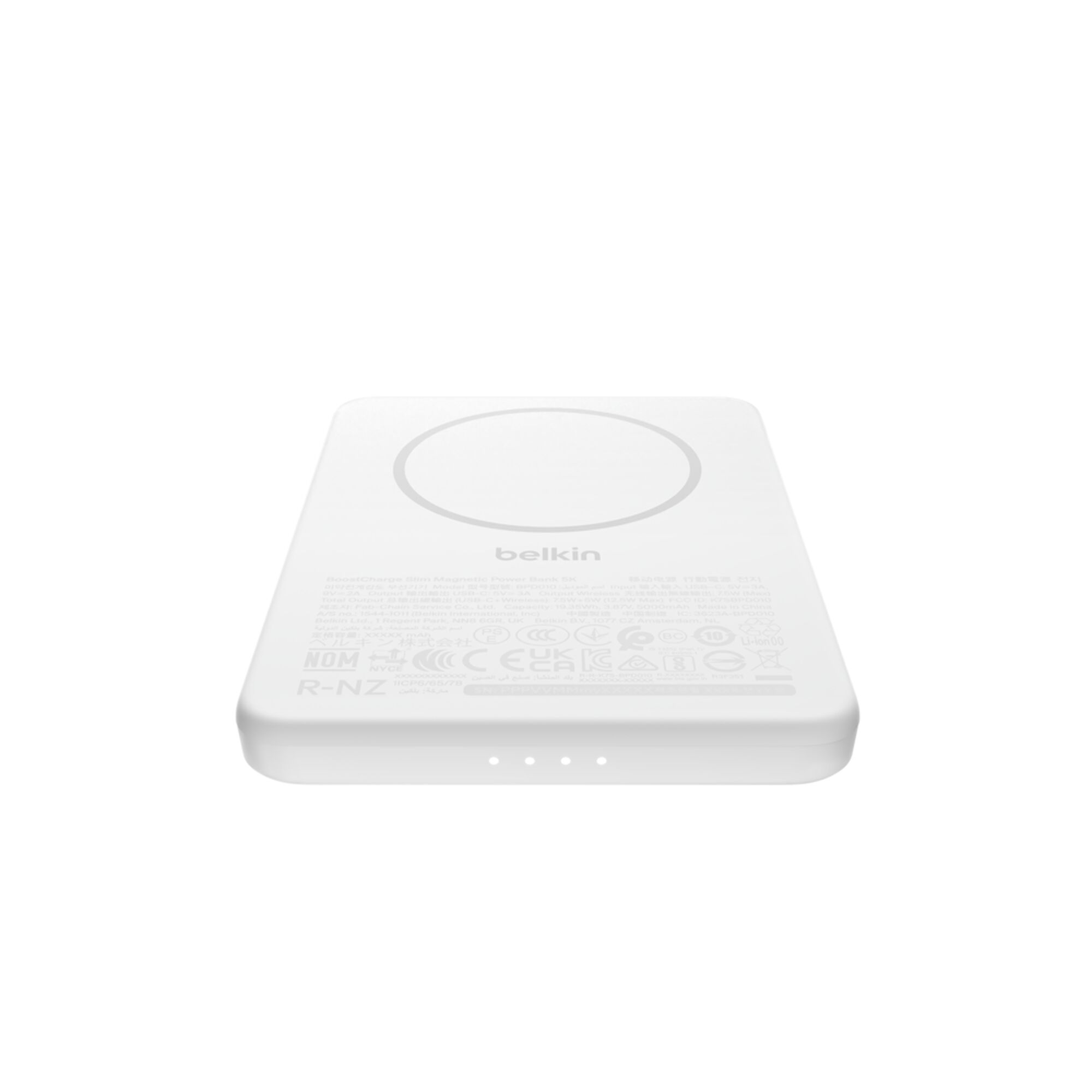 White Belkin BoostCharge Slim Magnetic Power Bank 5K with a USB-C port, shown with its USB-C cable. — view 12