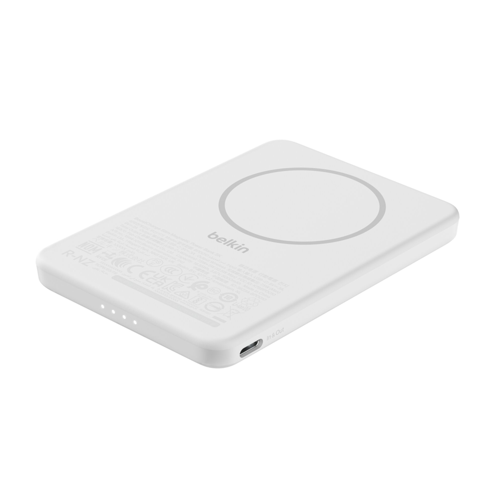White Belkin BoostCharge Slim Magnetic Power Bank 5K with a USB-C port, shown with its USB-C cable. — view 11