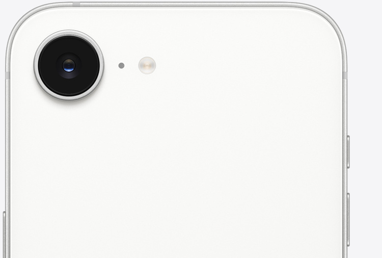 Apple iPhone 17e in White showing the display and 48MP Fusion rear camera — view 2