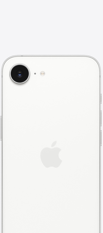 Apple iPhone 17e in White showing the display and 48MP Fusion rear camera — view 3
