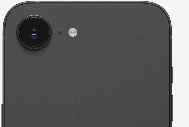Apple iPhone 17e in Black showing the display and 48MP Fusion rear camera — view 2