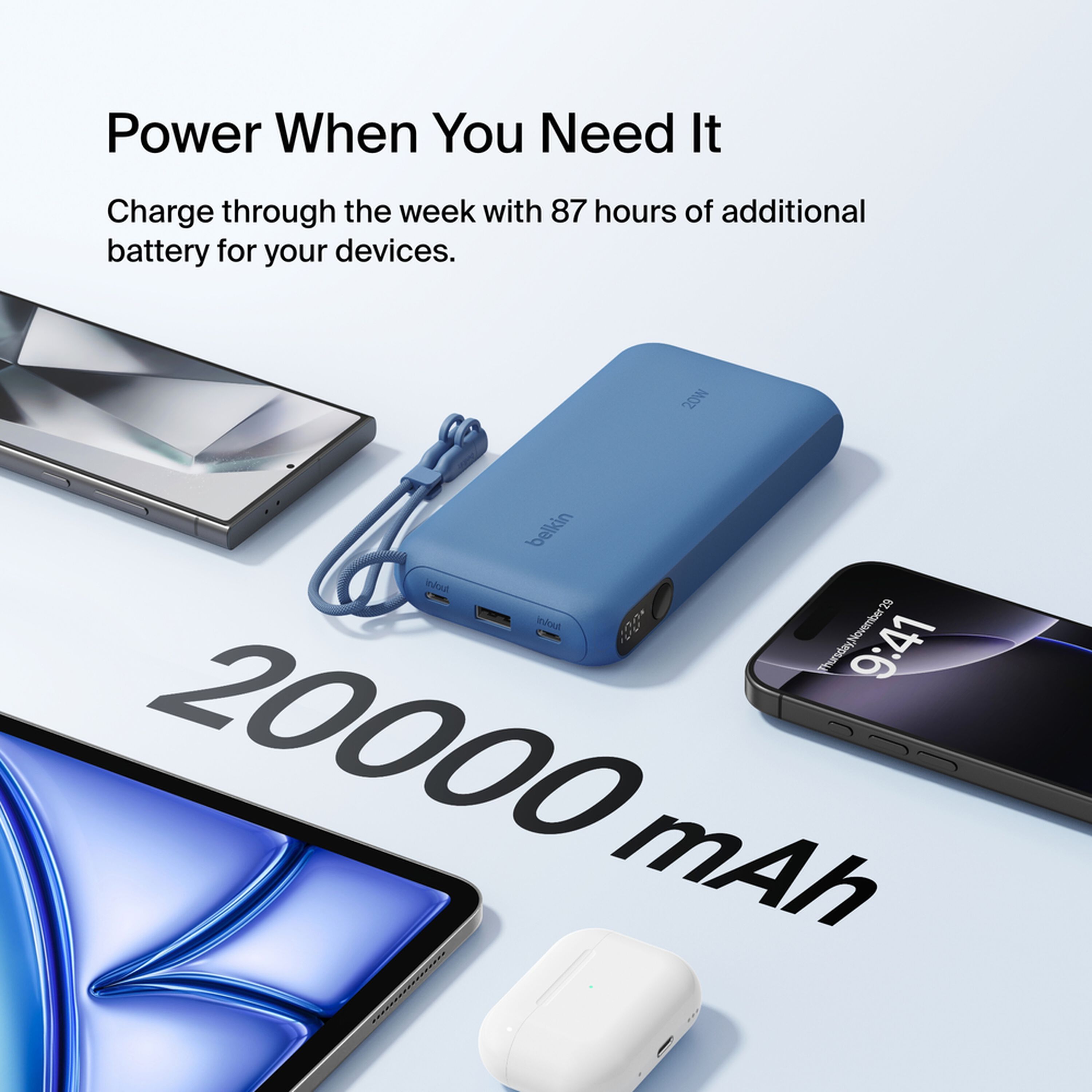 Blue Belkin BoostCharge 20,000 mAh power bank with a digital battery display, two USB-C ports and one USB-A port. — view 4
