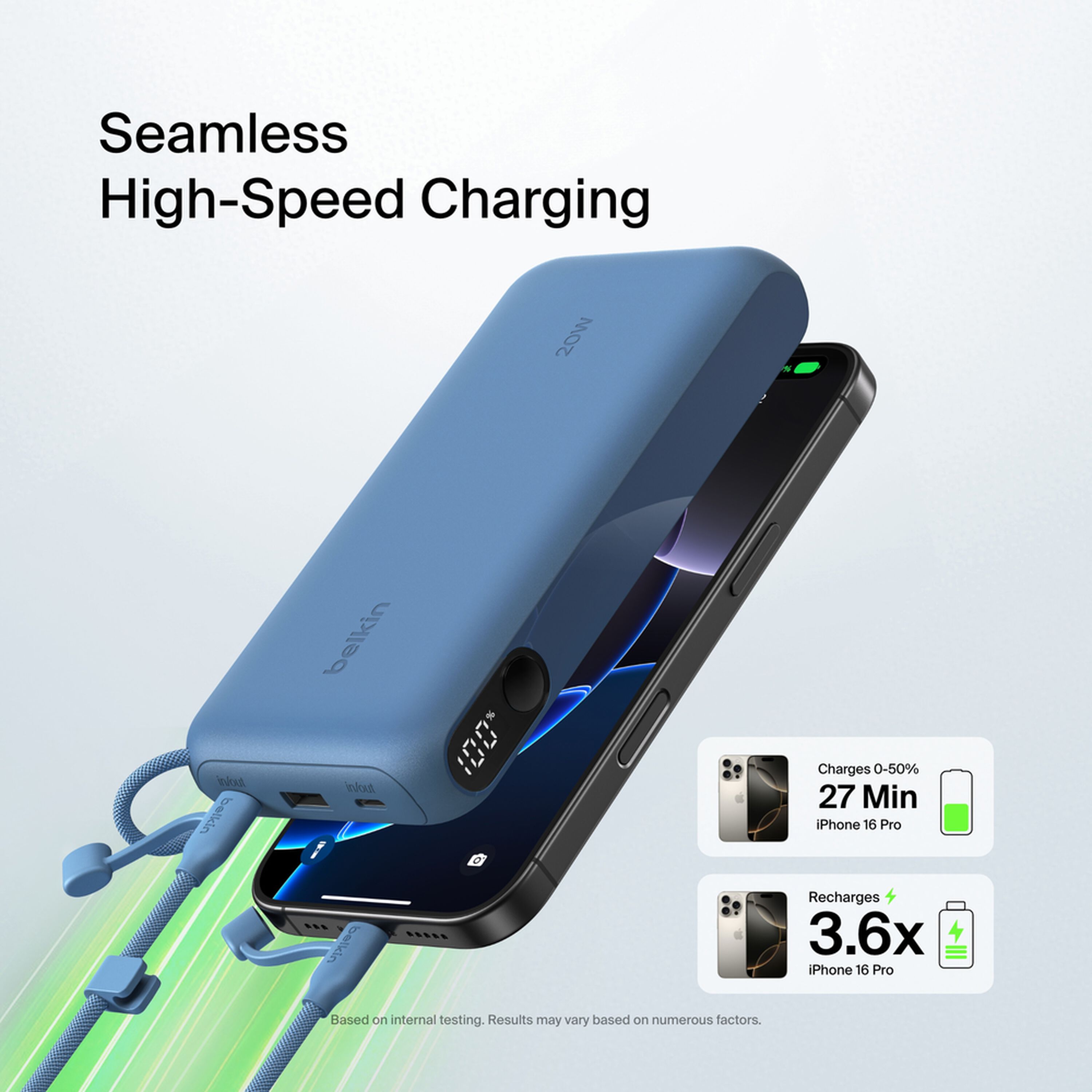 Blue Belkin BoostCharge 20,000 mAh power bank with a digital battery display, two USB-C ports and one USB-A port. — view 3