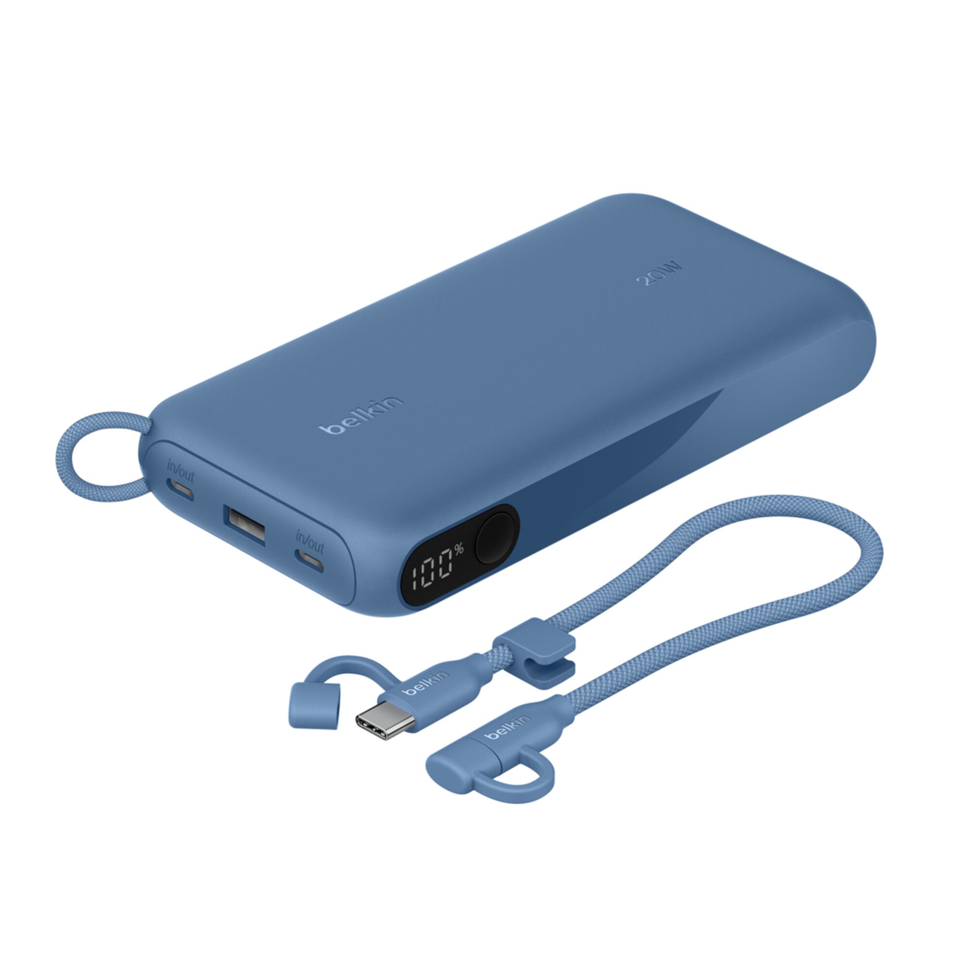 Blue Belkin BoostCharge 20,000 mAh power bank with a digital battery display, two USB-C ports and one USB-A port. — view 9