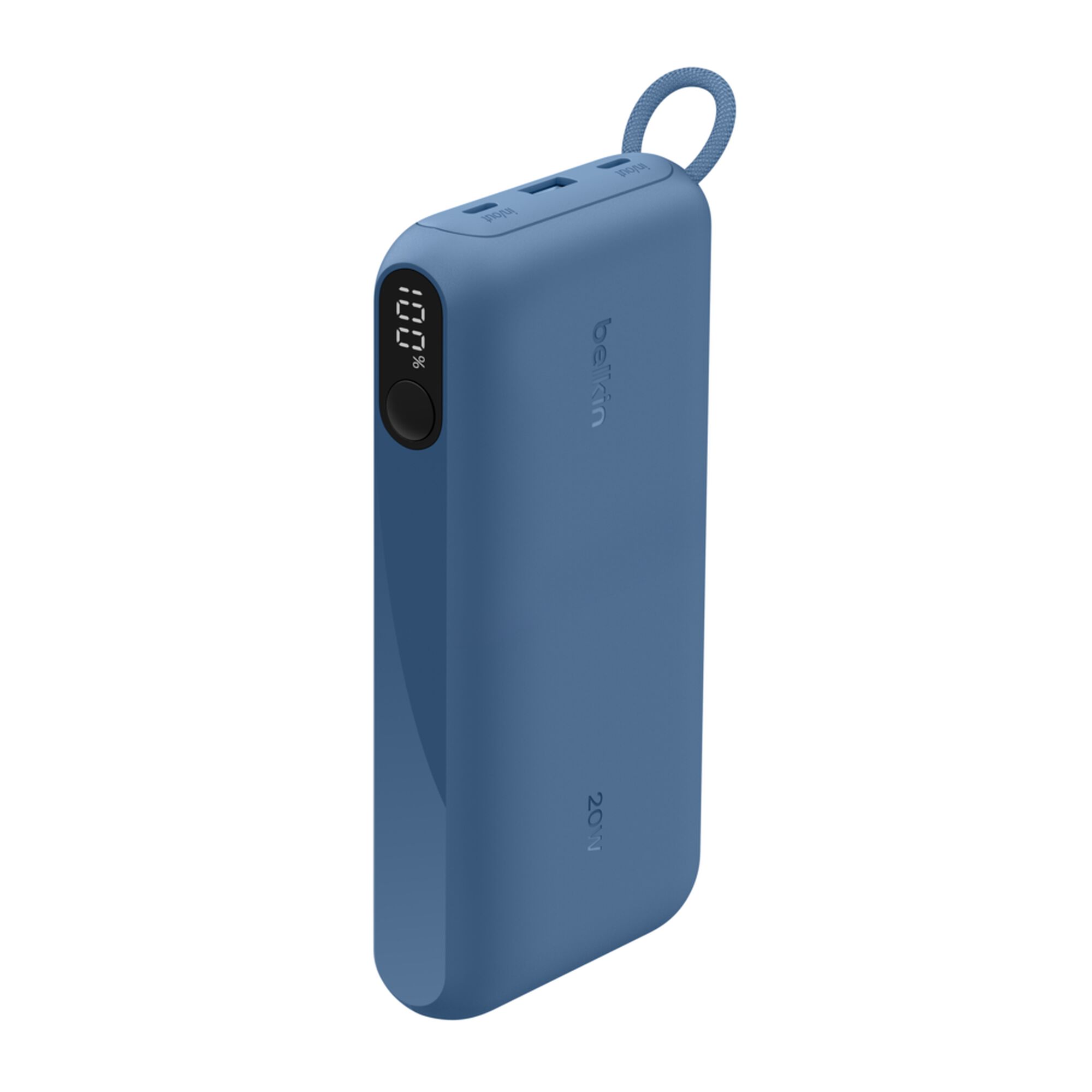 Blue Belkin BoostCharge 20,000 mAh power bank with a digital battery display, two USB-C ports and one USB-A port. — view 12
