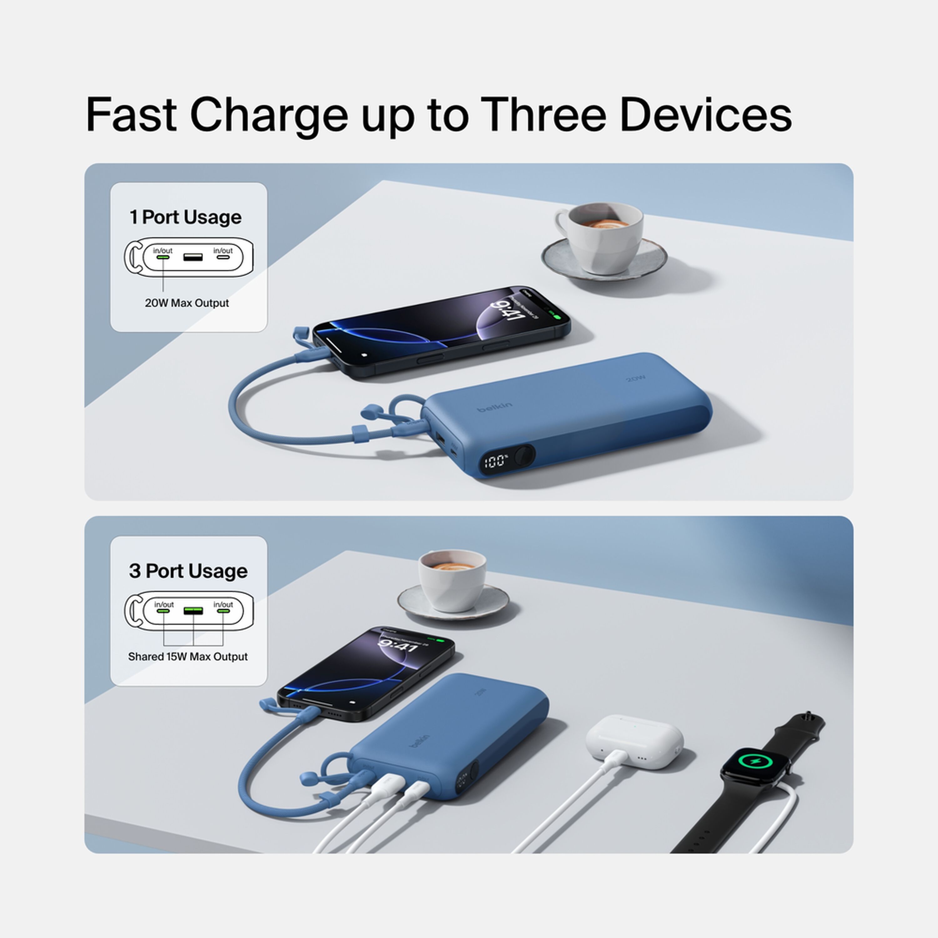 Blue Belkin BoostCharge 20,000 mAh power bank with a digital battery display, two USB-C ports and one USB-A port. — view 2