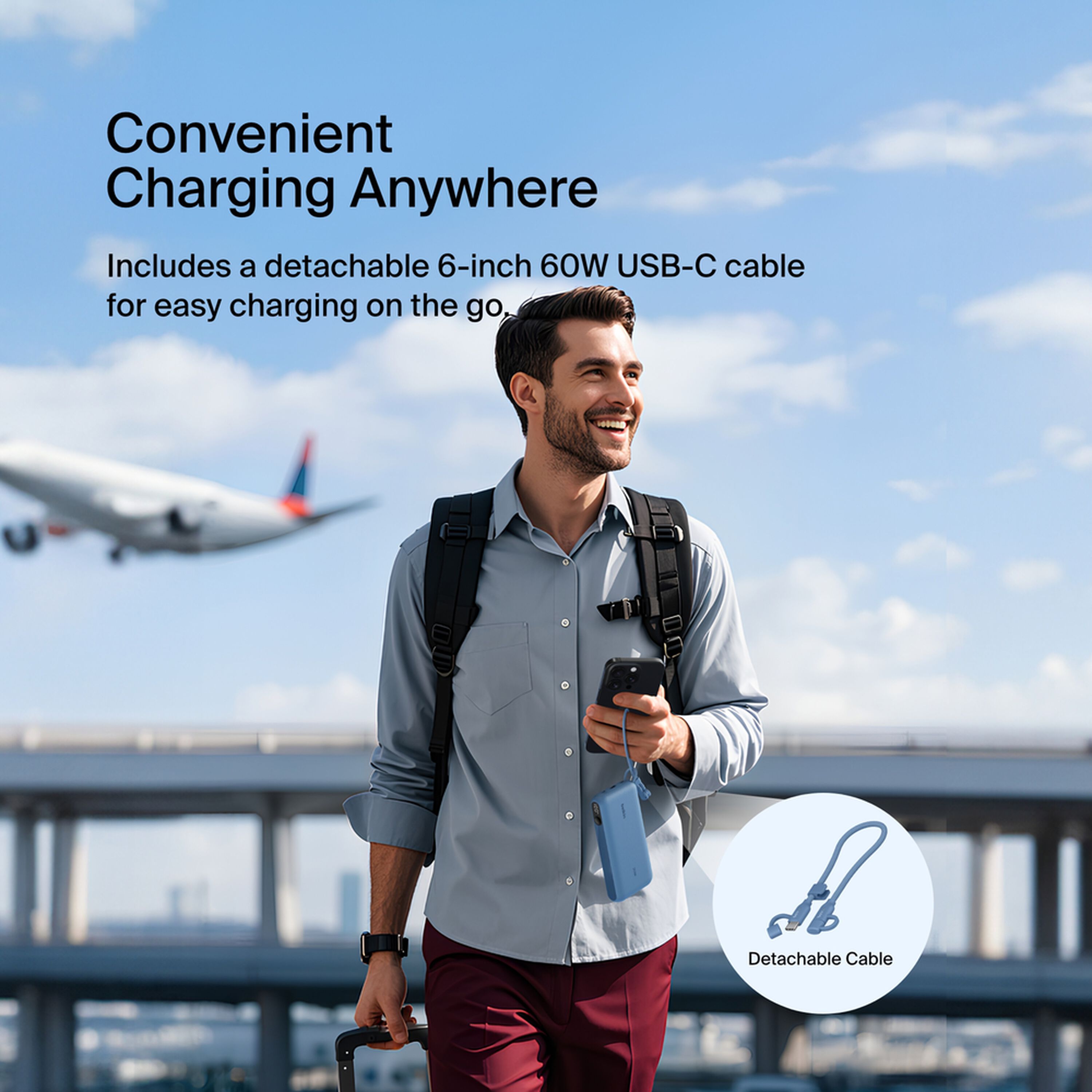Blue Belkin BoostCharge 20,000 mAh power bank with a digital battery display, two USB-C ports and one USB-A port. — view 5