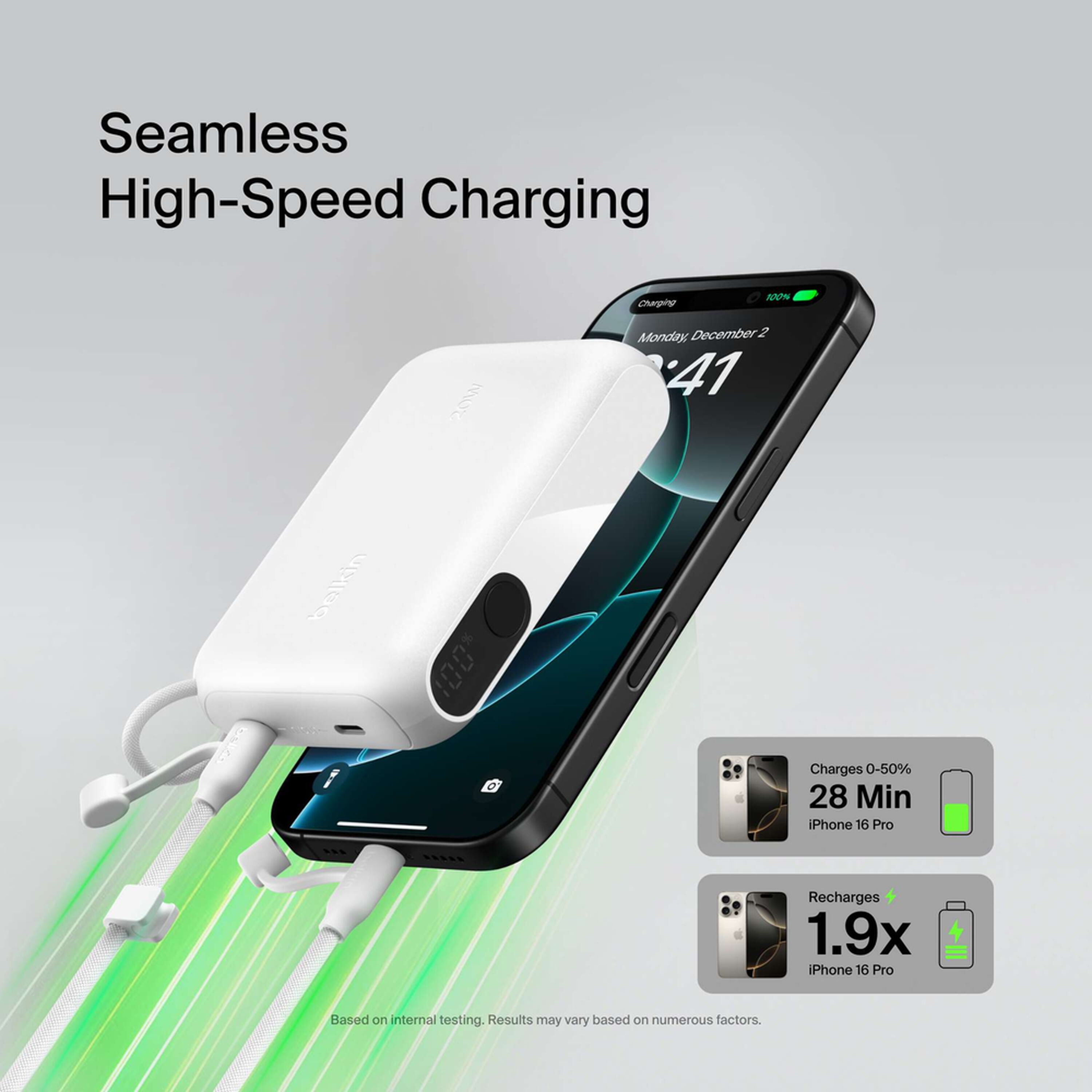 White Belkin BoostCharge 10,000 mAh power bank with a digital battery display and two USB-C ports. — view 3