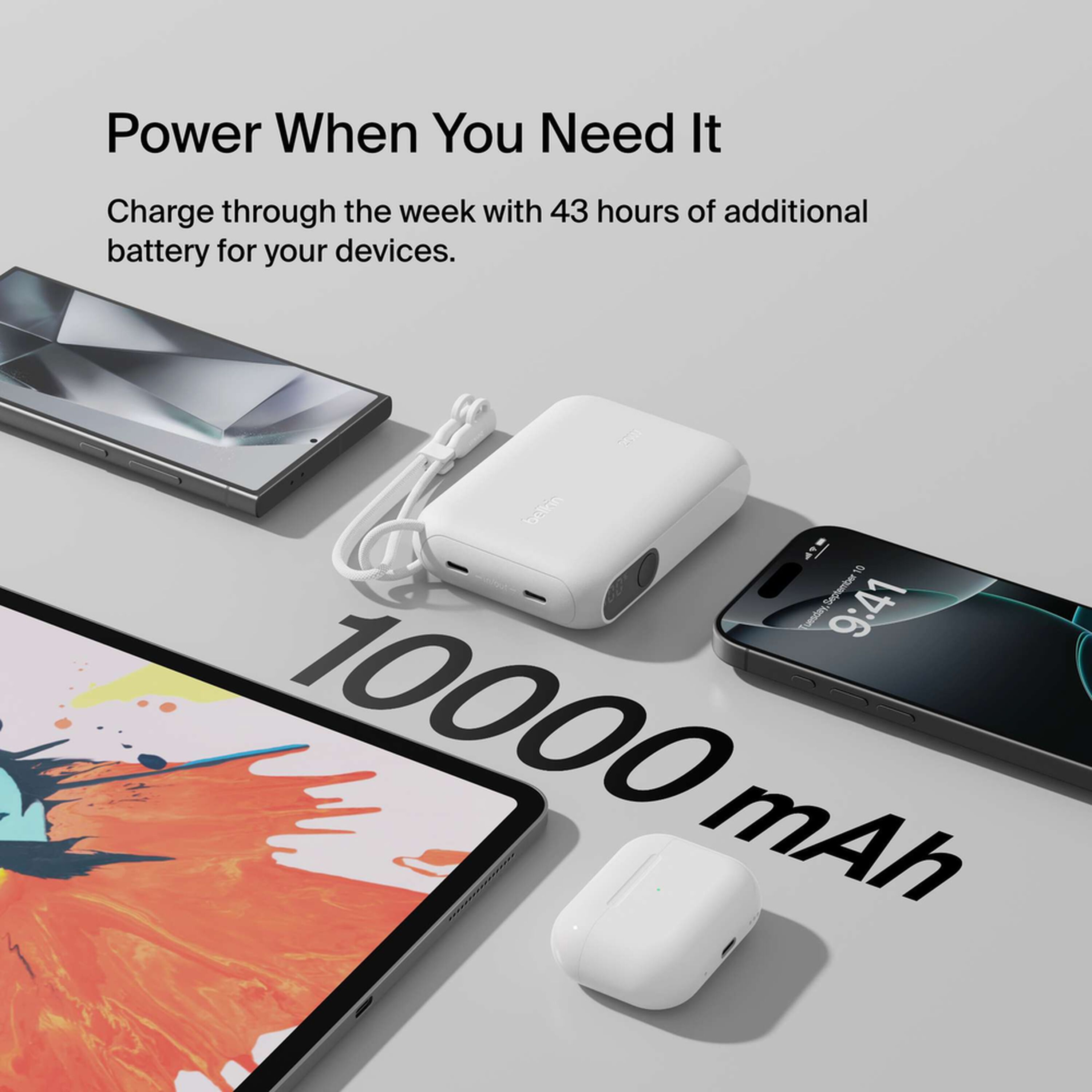 White Belkin BoostCharge 10,000 mAh power bank with a digital battery display and two USB-C ports. — view 4