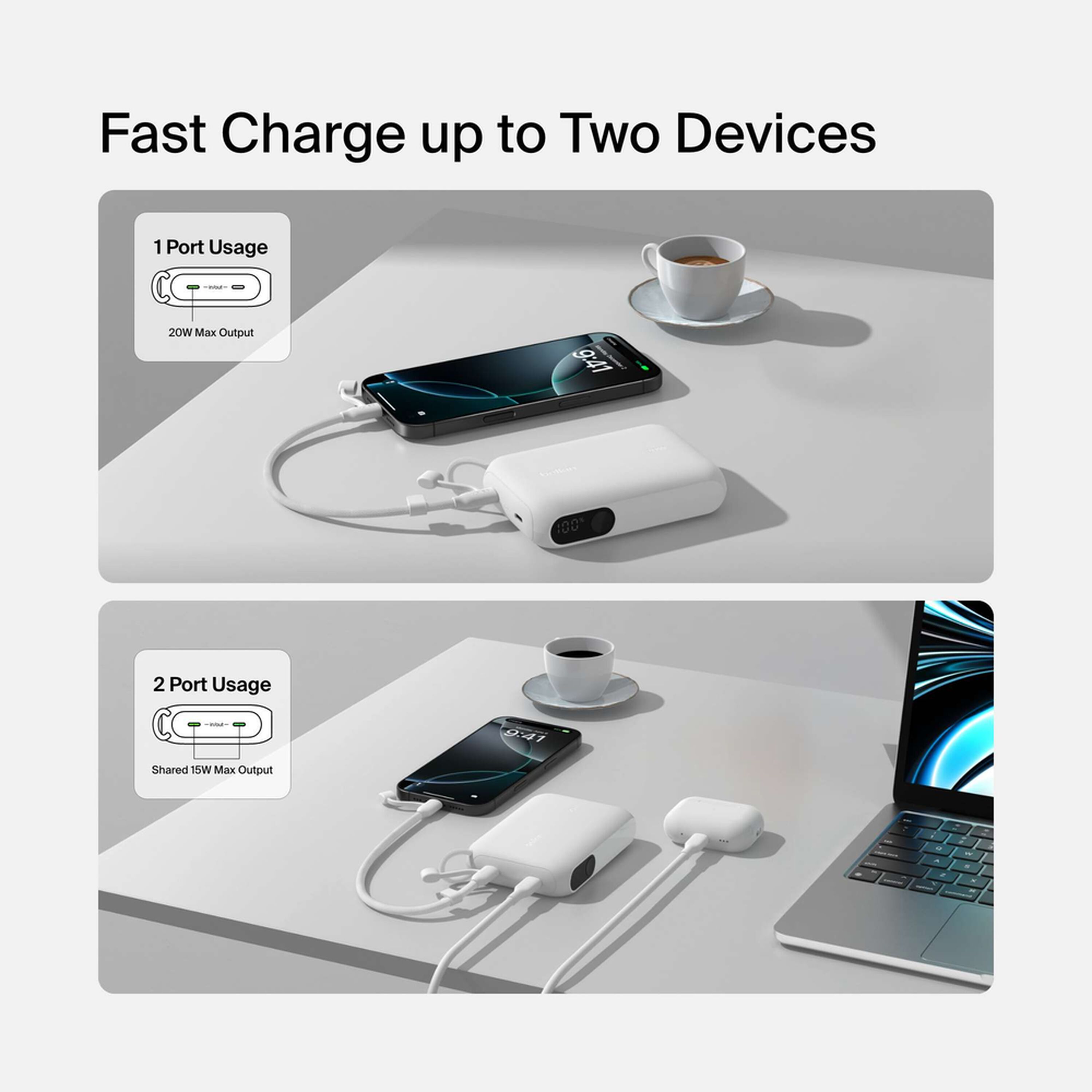 White Belkin BoostCharge 10,000 mAh power bank with a digital battery display and two USB-C ports. — view 2