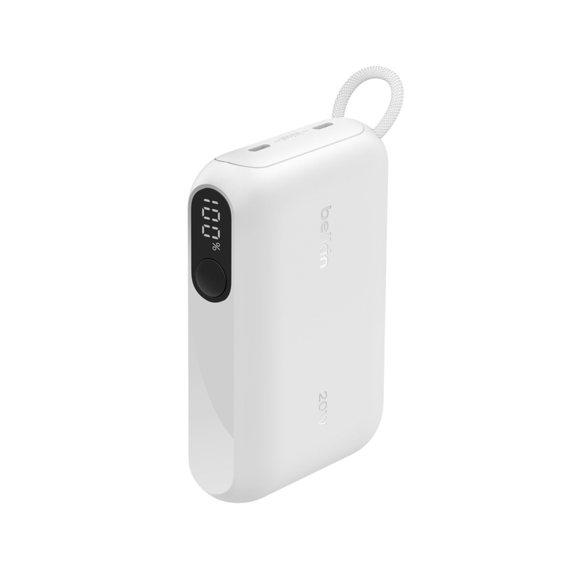 White Belkin BoostCharge 10,000 mAh power bank with a digital battery display and two USB-C ports. — view 12
