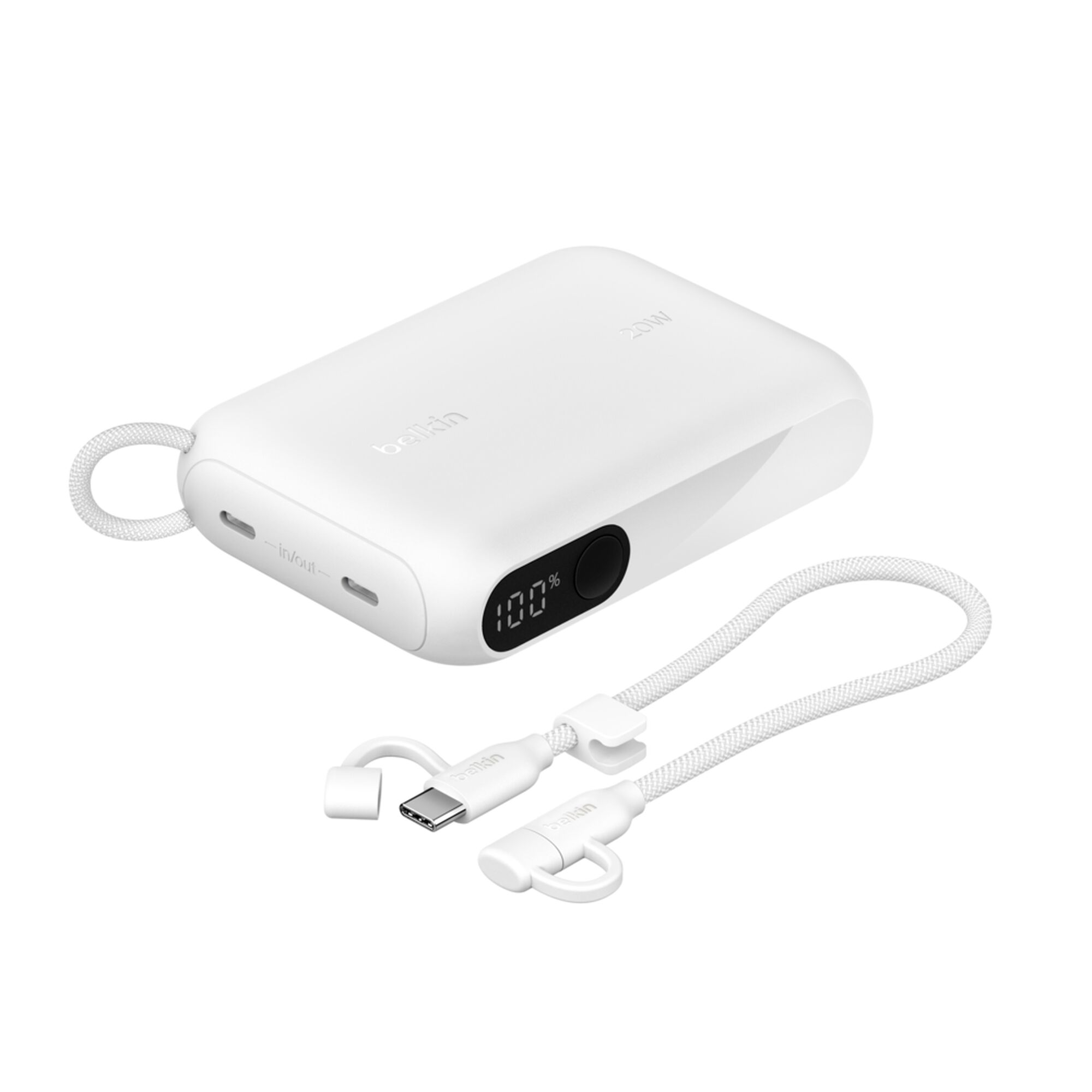 White Belkin BoostCharge 10,000 mAh power bank with a digital battery display and two USB-C ports. — view 9