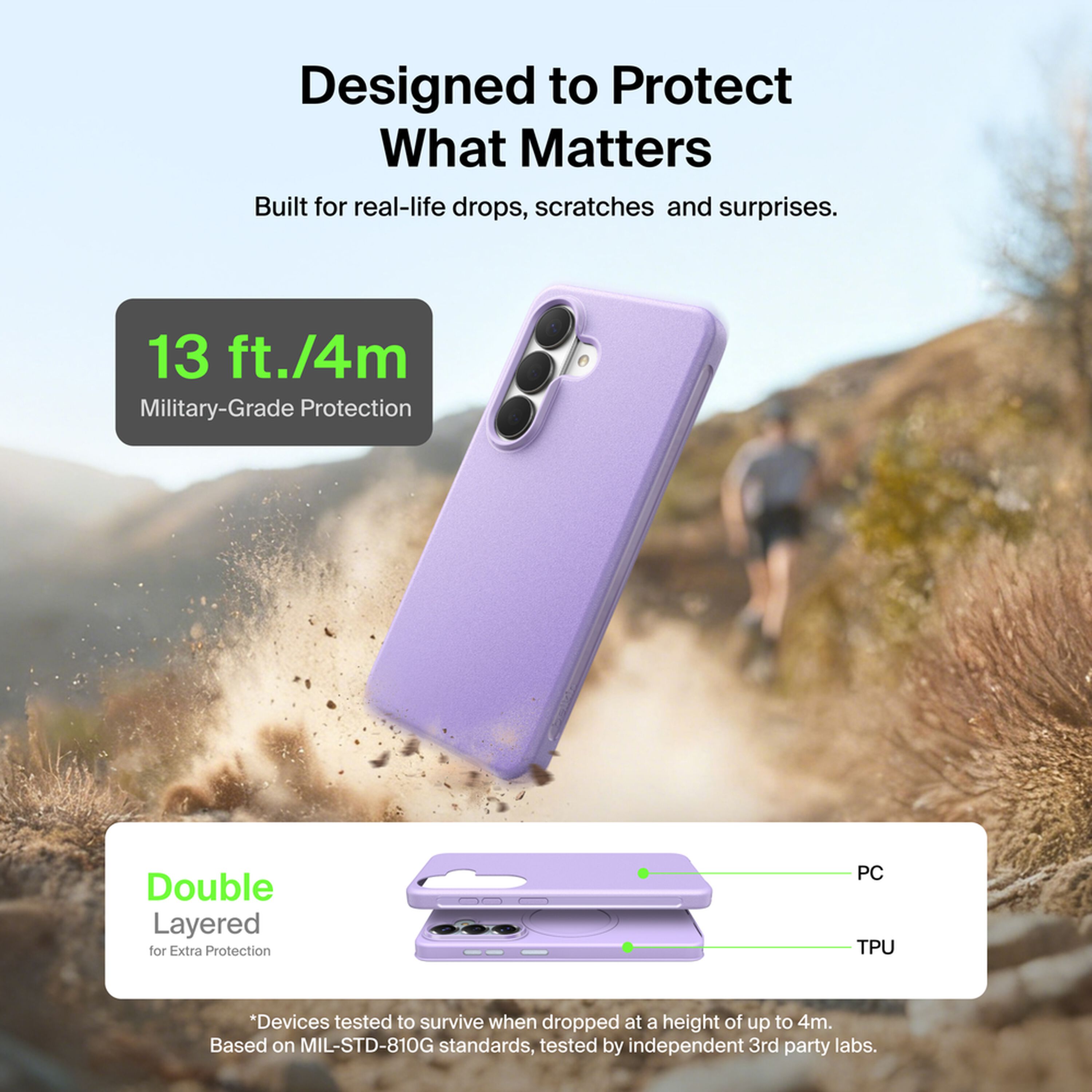 Belkin SheerForce Protect Series dual-layer case in Lavender on a Samsung Galaxy S26, showing side grooves and textured buttons. — view 3
