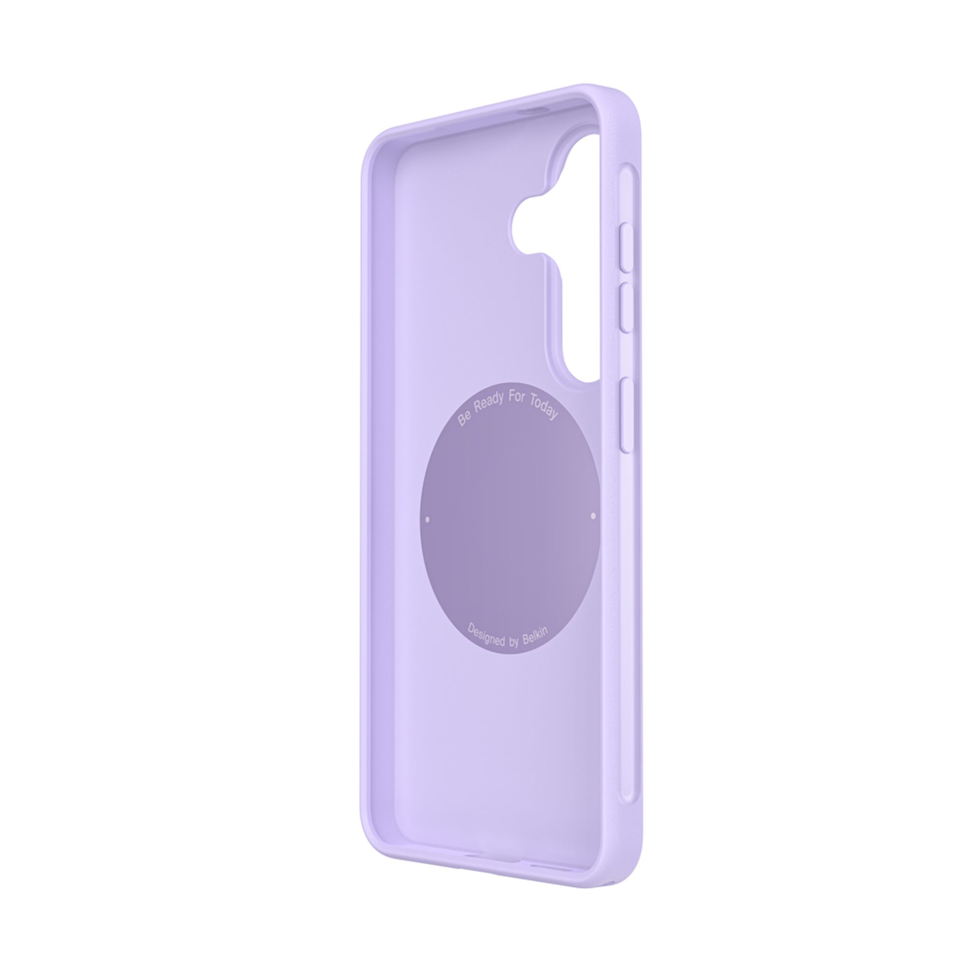Belkin SheerForce Protect Series dual-layer case in Lavender on a Samsung Galaxy S26, showing side grooves and textured buttons. — view 12