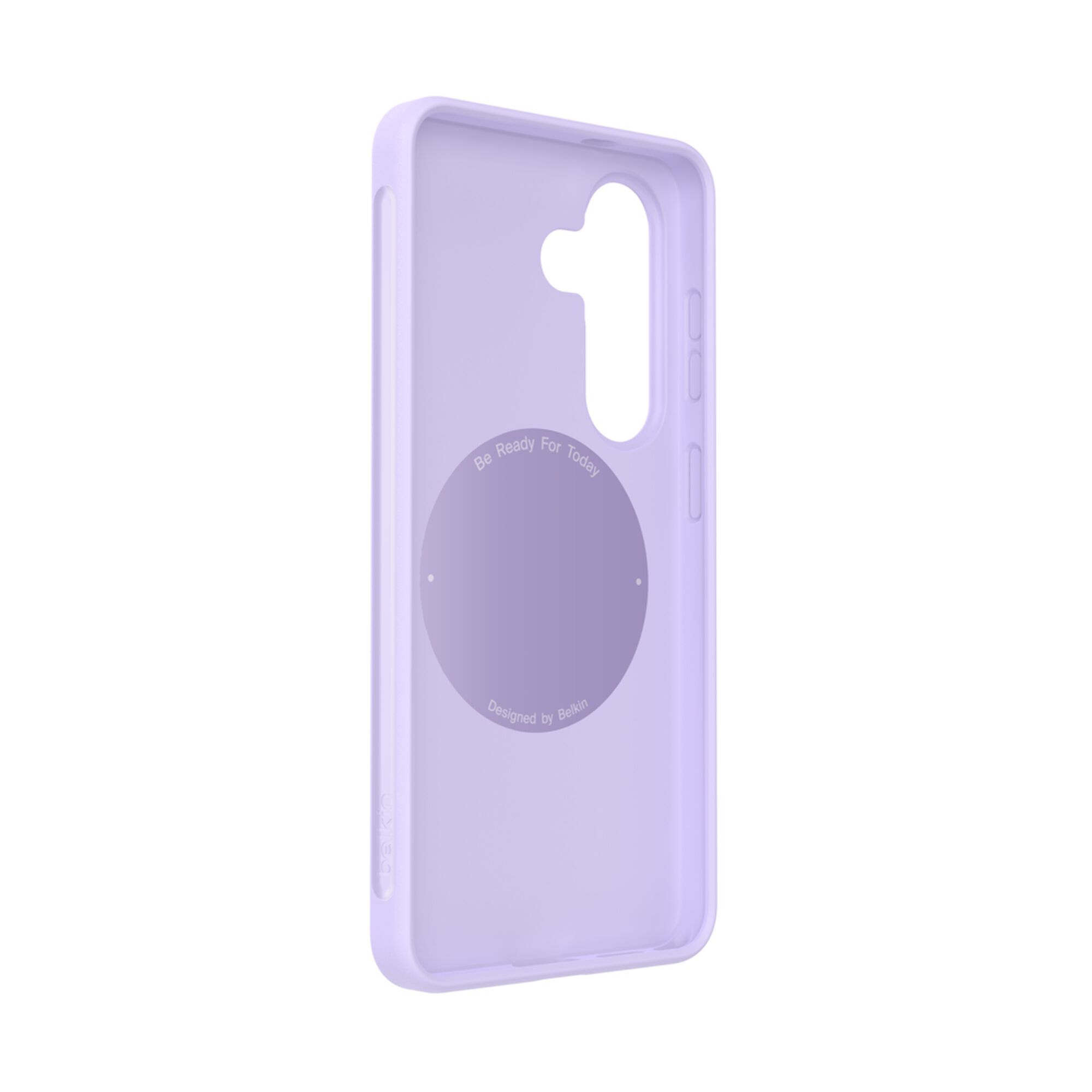 Belkin SheerForce Protect Series dual-layer case in Lavender on a Samsung Galaxy S26, showing side grooves and textured buttons. — view 11
