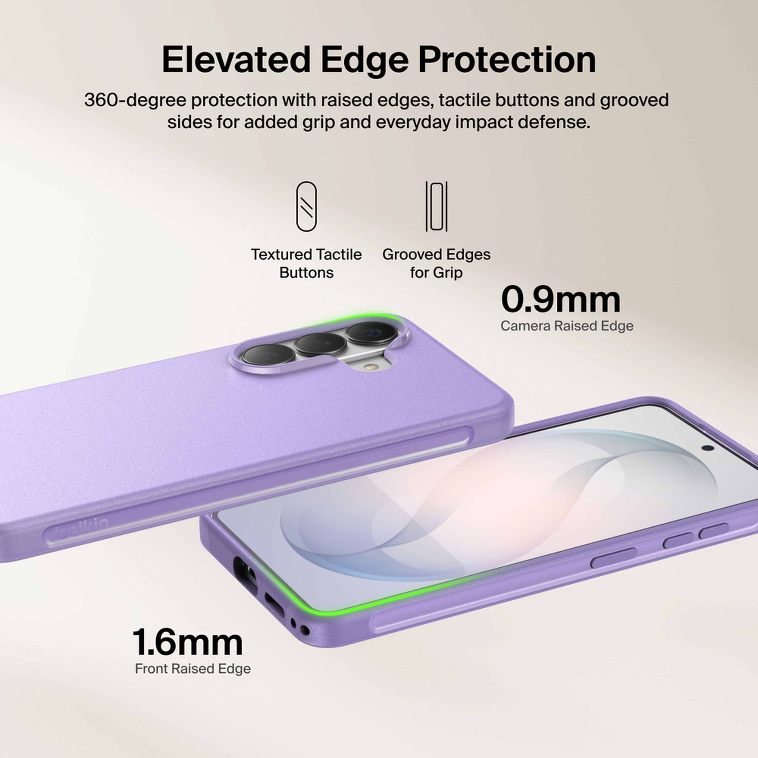 Belkin SheerForce Protect Series dual-layer case in Lavender on a Samsung Galaxy S26, showing side grooves and textured buttons. — view 6