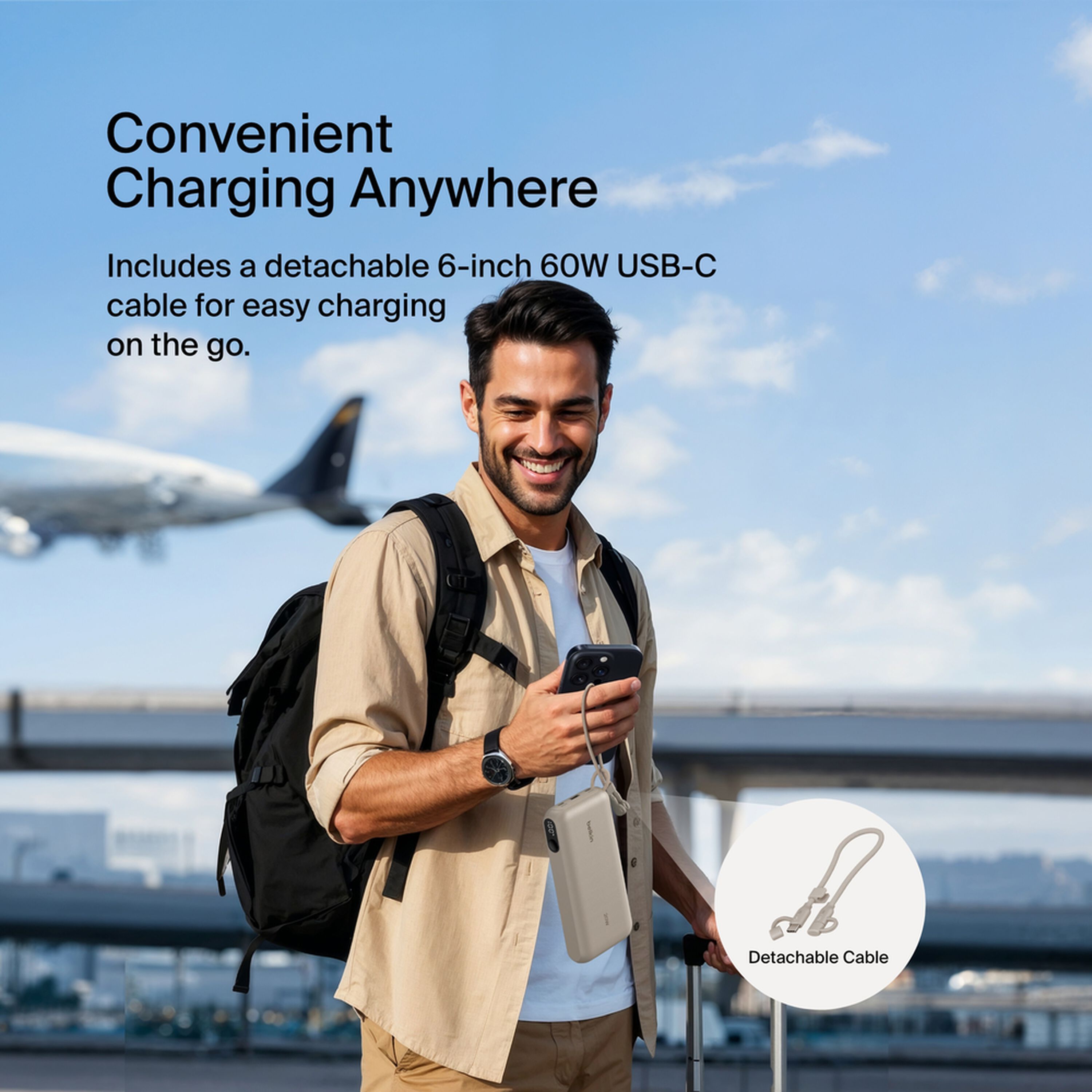 Sand-coloured Belkin BoostCharge 20,000 mAh power bank with a digital battery display, two USB-C ports and one USB-A port. — view 5