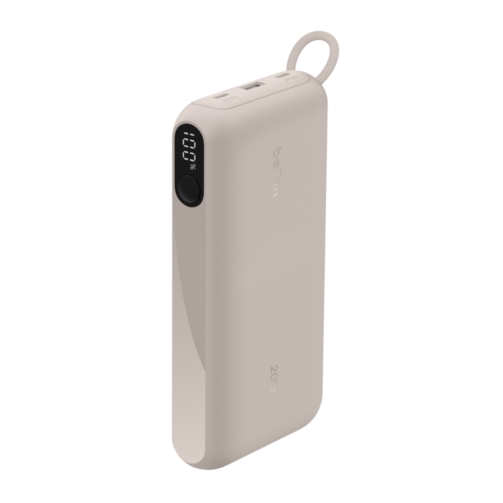 Sand-coloured Belkin BoostCharge 20,000 mAh power bank with a digital battery display, two USB-C ports and one USB-A port. — view 12