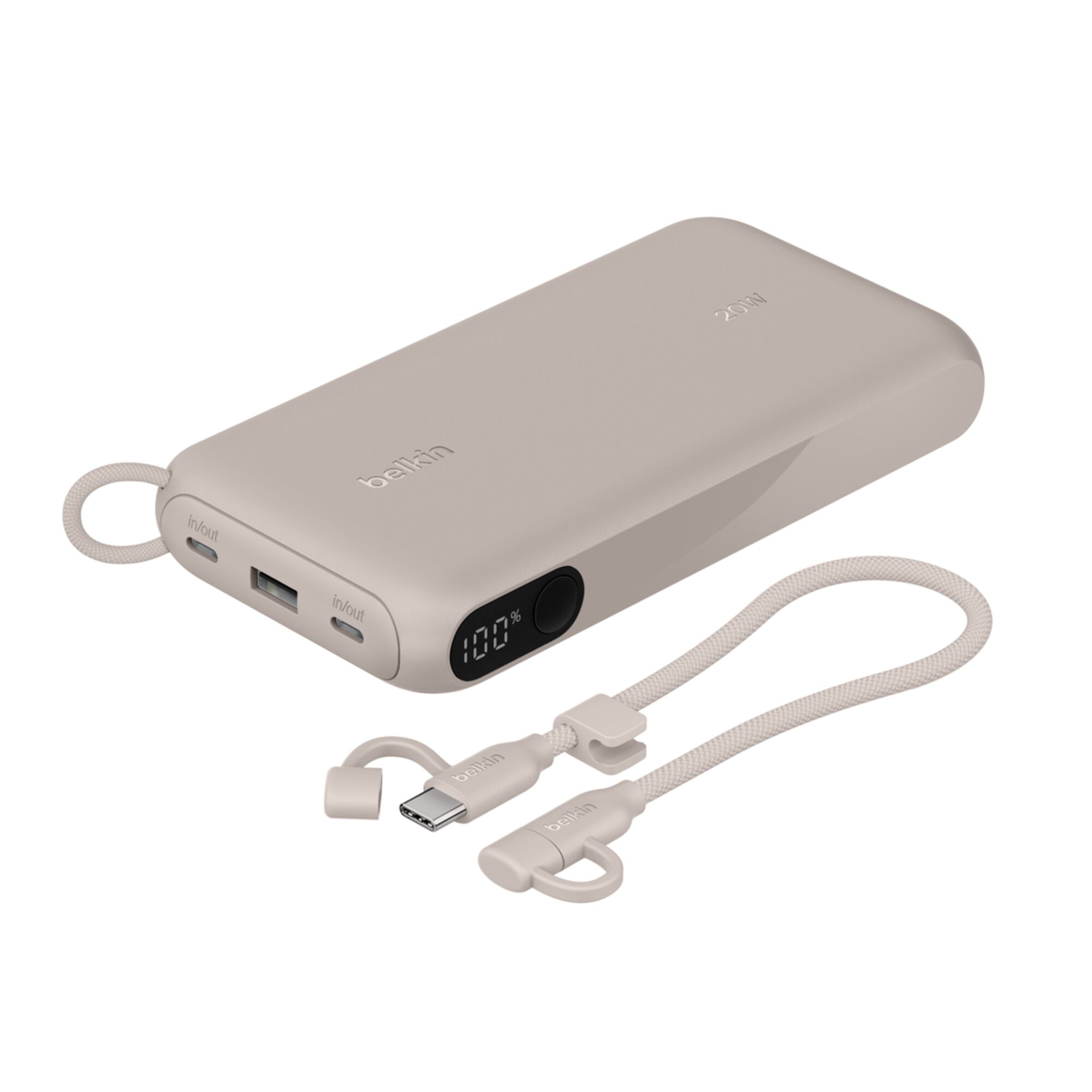 Sand-coloured Belkin BoostCharge 20,000 mAh power bank with a digital battery display, two USB-C ports and one USB-A port. — view 9
