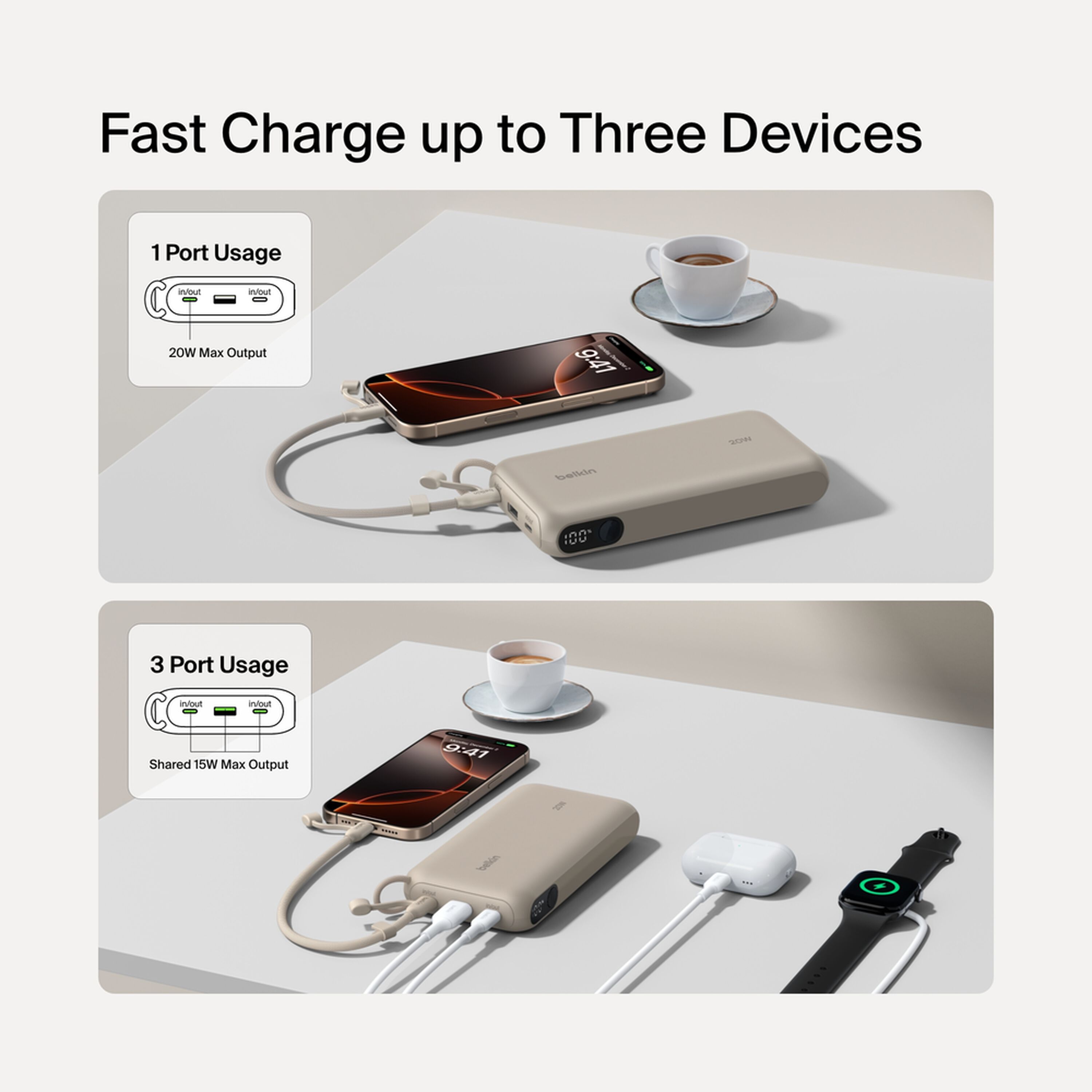 Sand-coloured Belkin BoostCharge 20,000 mAh power bank with a digital battery display, two USB-C ports and one USB-A port. — view 2