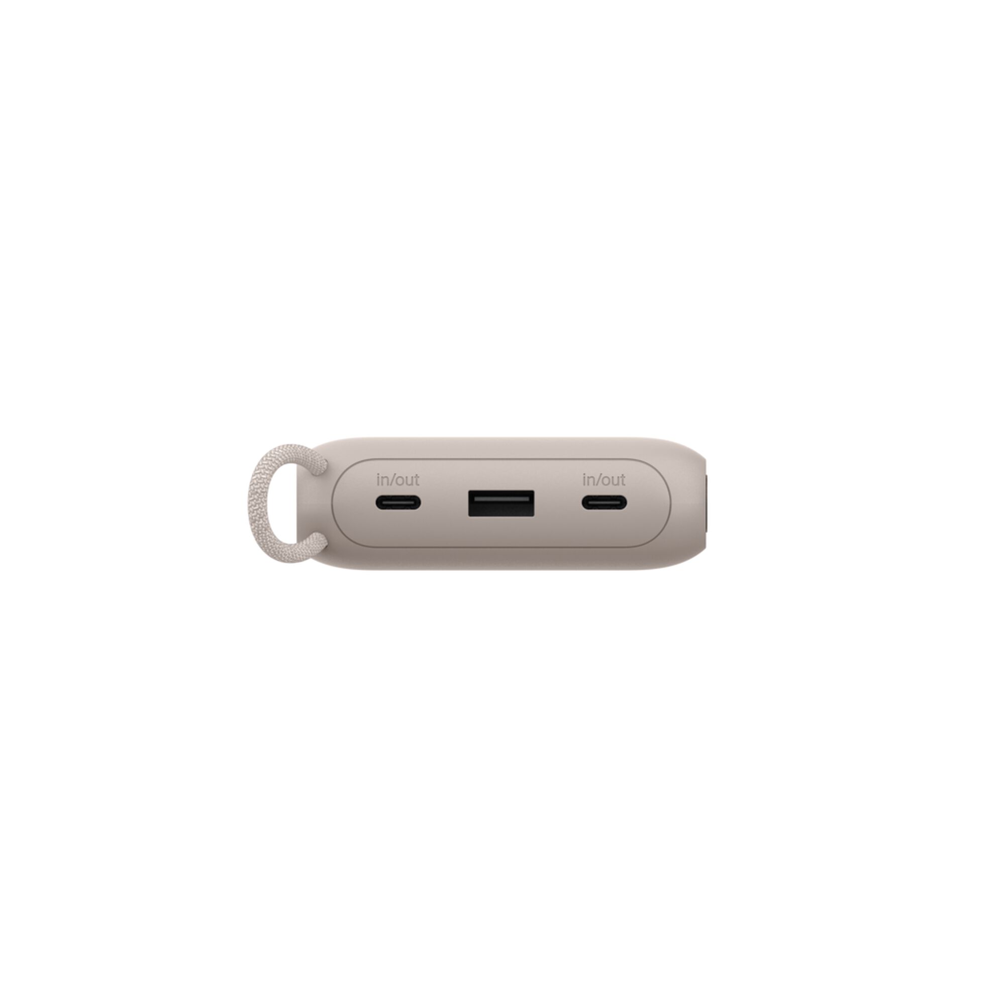 Sand-coloured Belkin BoostCharge 20,000 mAh power bank with a digital battery display, two USB-C ports and one USB-A port. — view 11