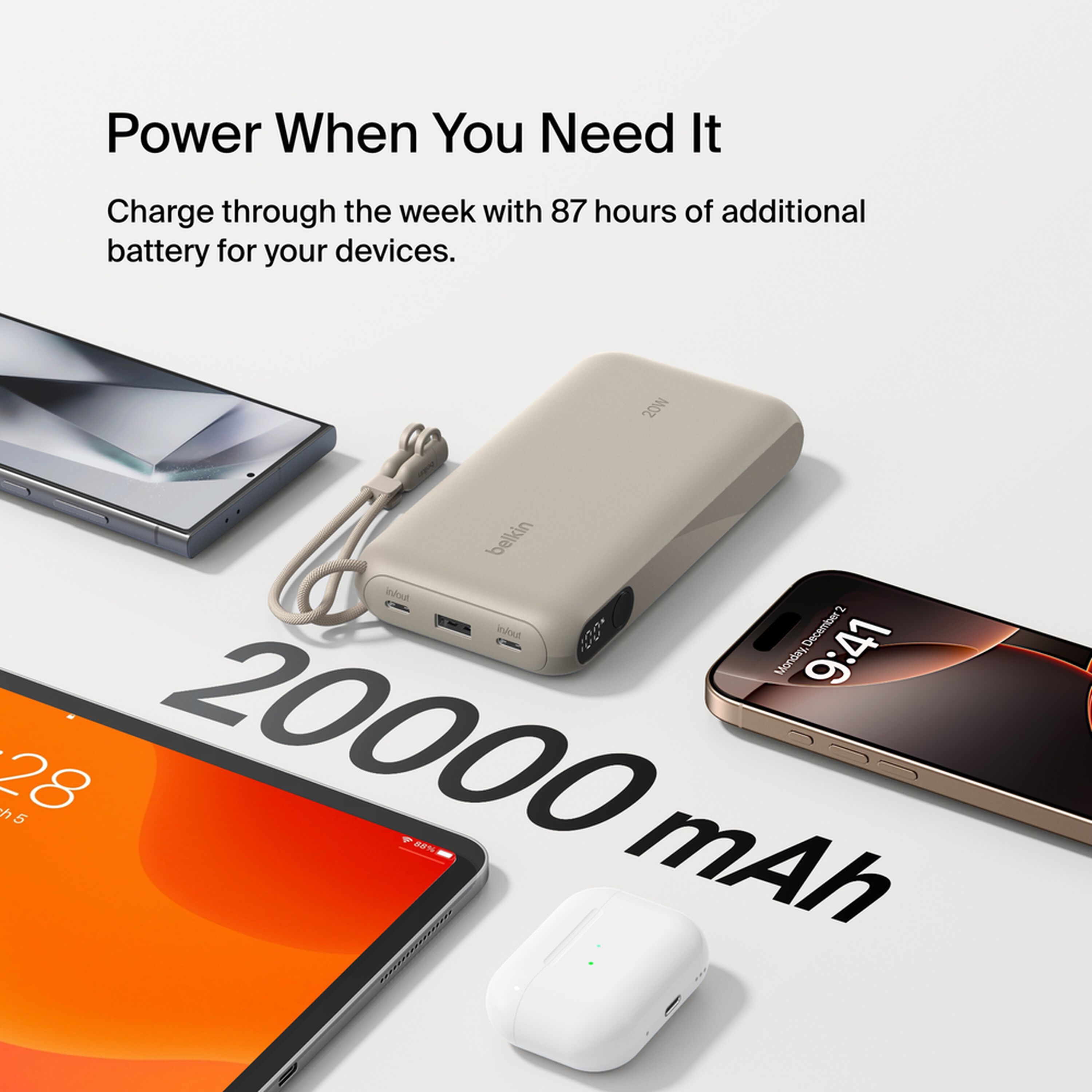 Sand-coloured Belkin BoostCharge 20,000 mAh power bank with a digital battery display, two USB-C ports and one USB-A port. — view 4