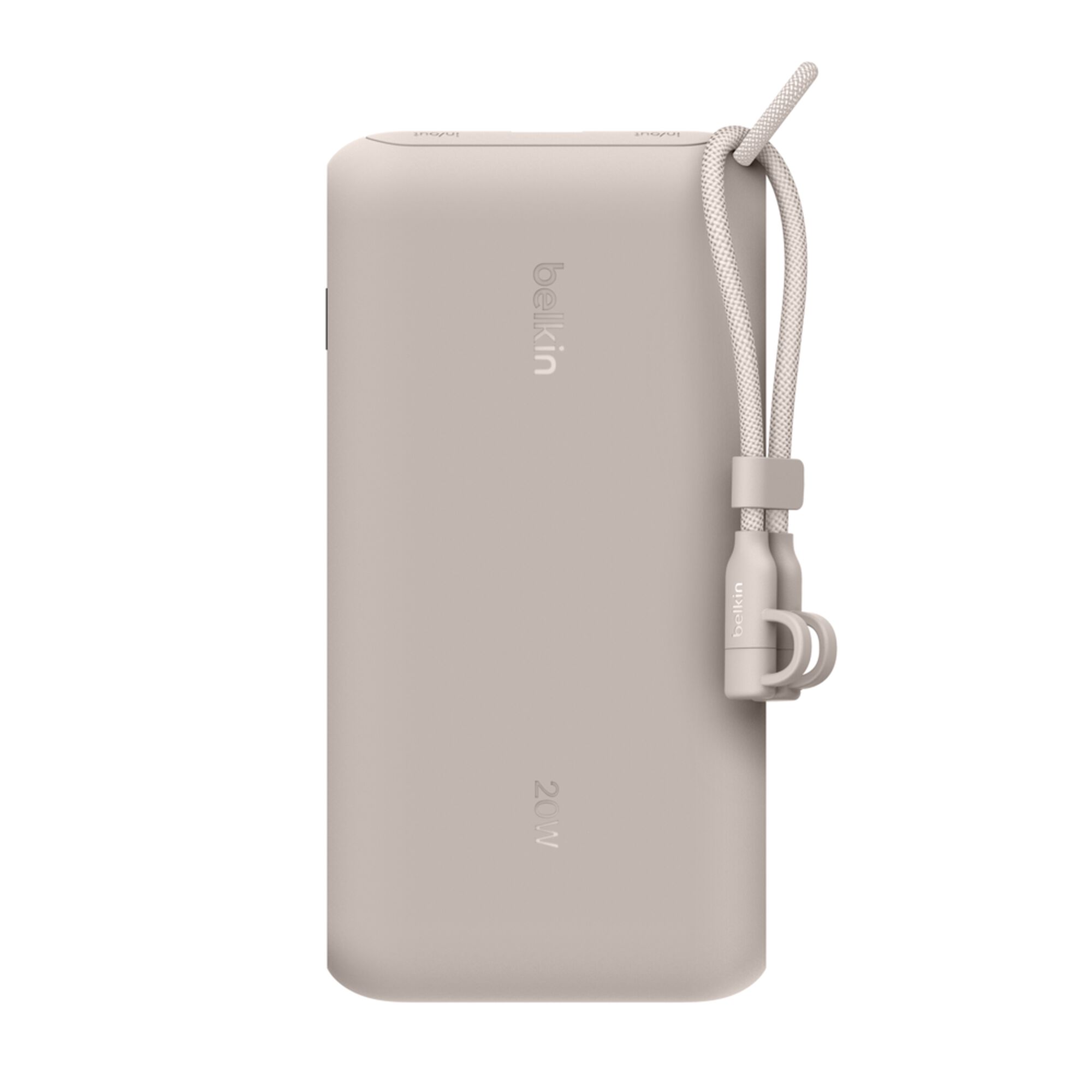 Sand-coloured Belkin BoostCharge 20,000 mAh power bank with a digital battery display, two USB-C ports and one USB-A port. — view 14