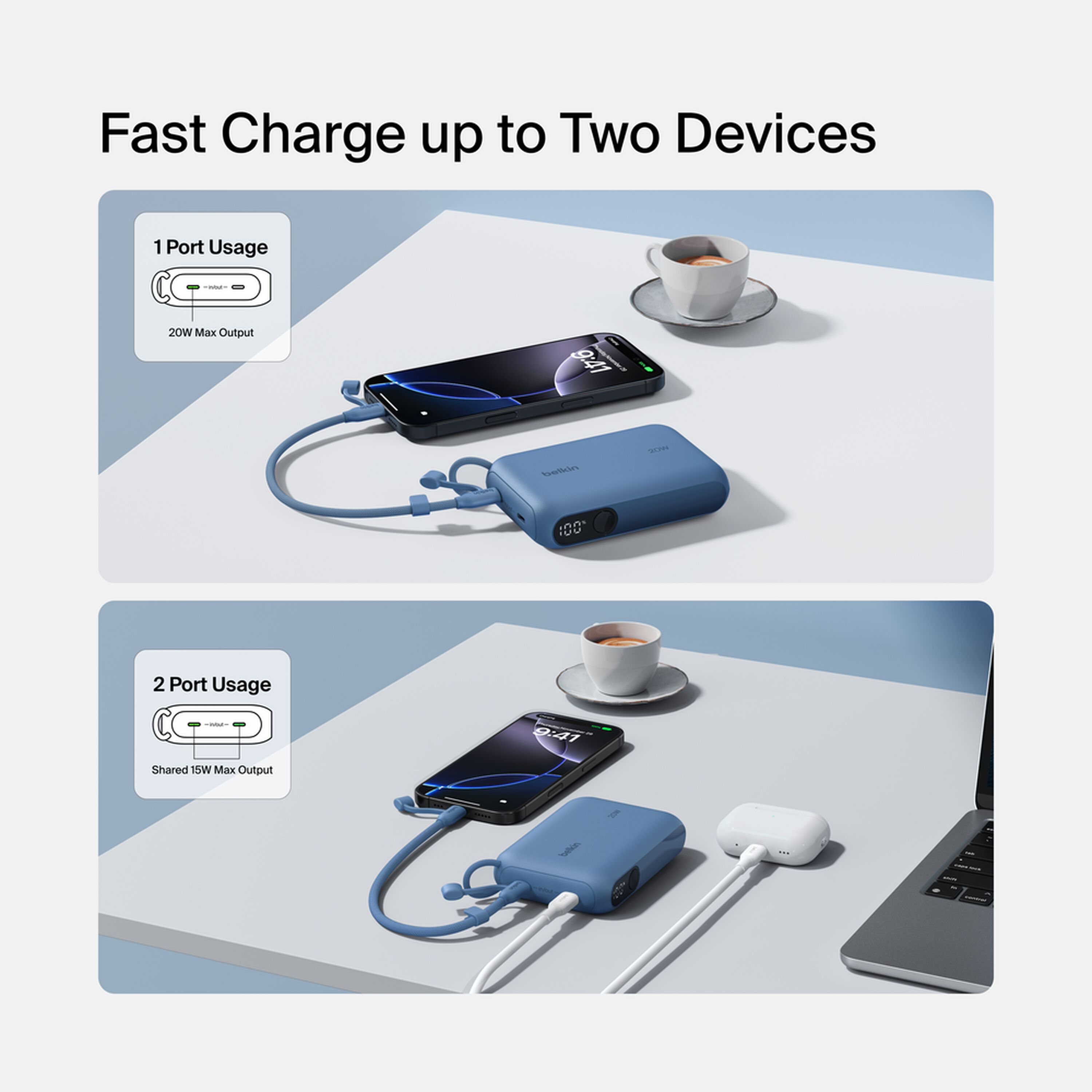 Blue Belkin BoostCharge 10,000 mAh power bank with a digital battery display and two USB-C ports. — view 2