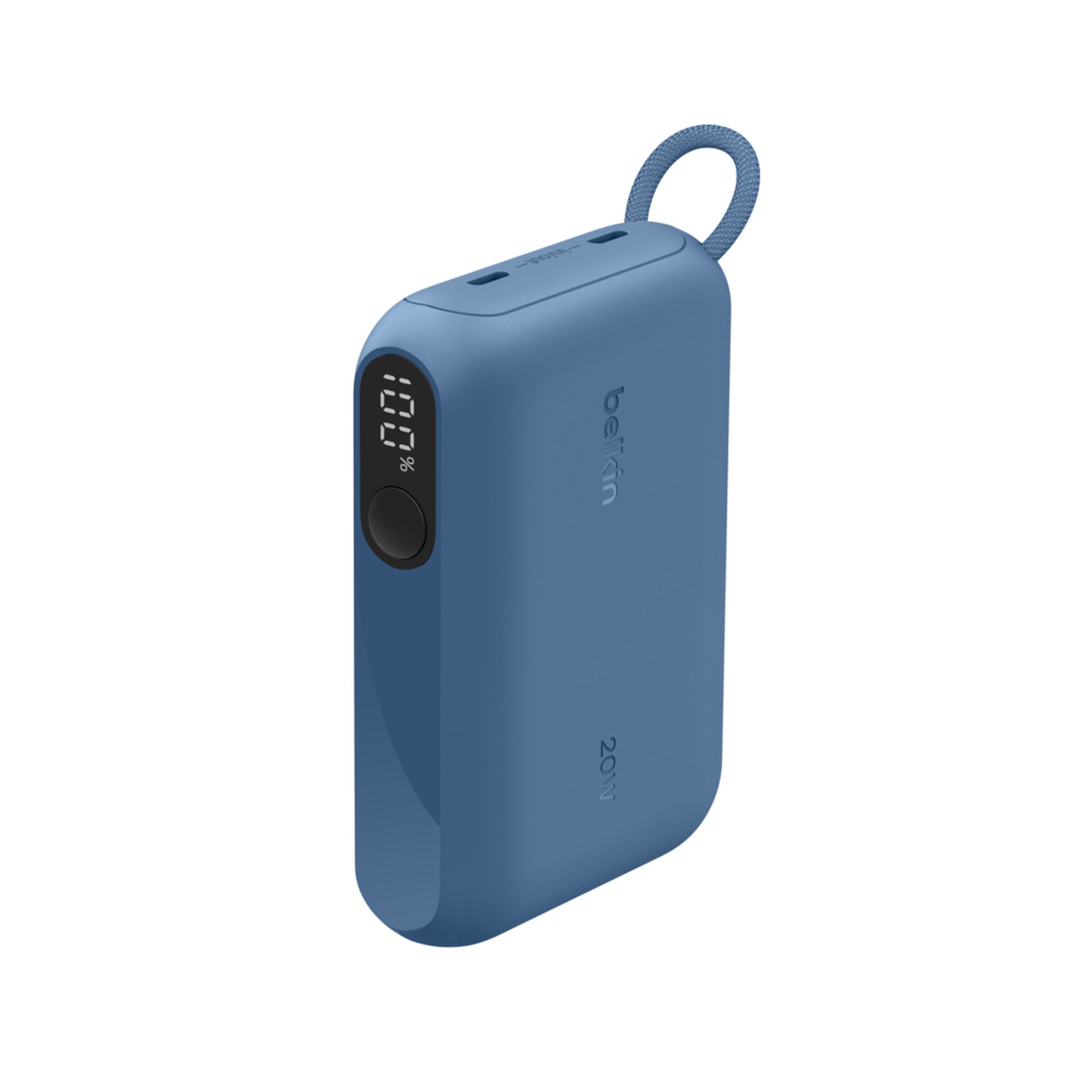 Blue Belkin BoostCharge 10,000 mAh power bank with a digital battery display and two USB-C ports. — view 12