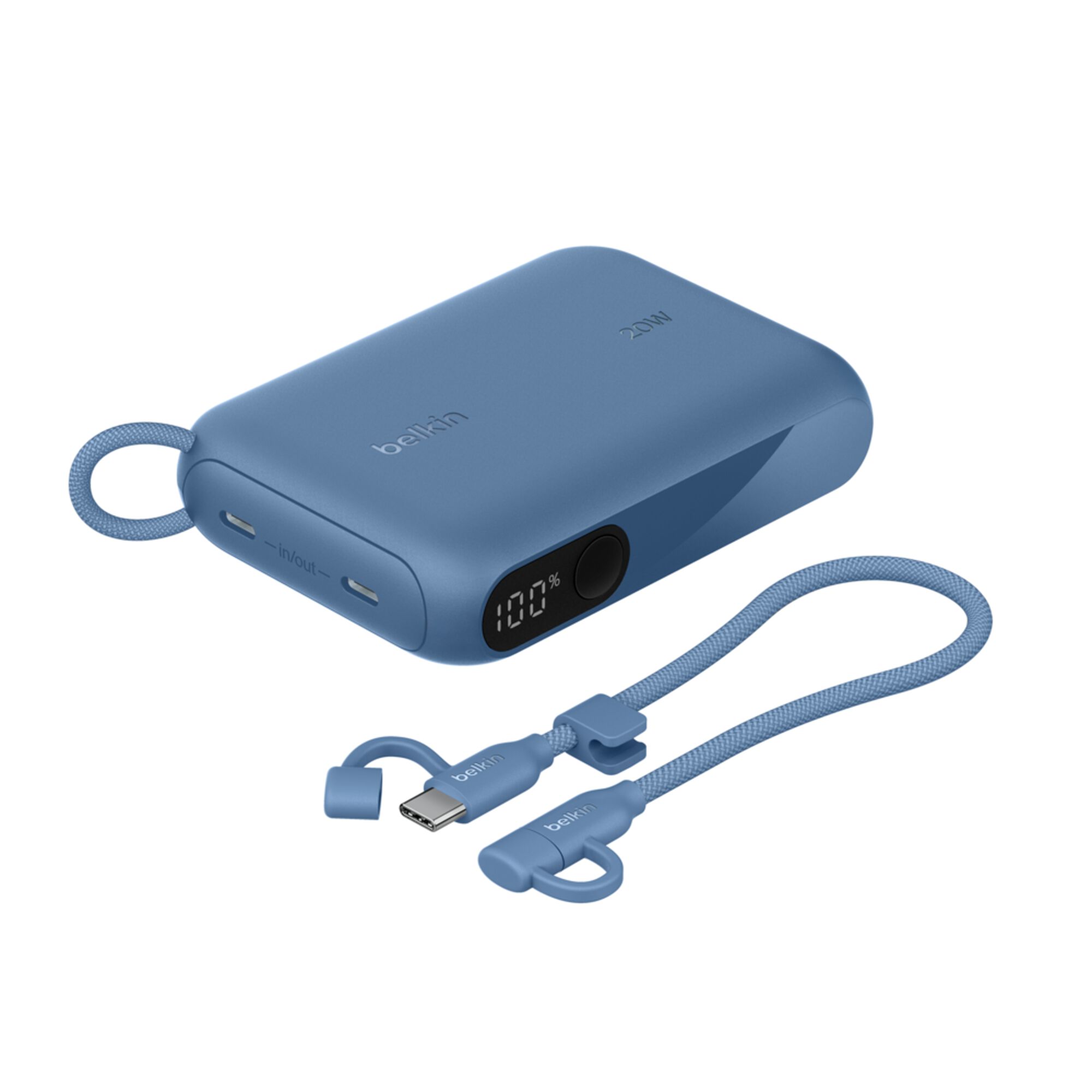 Blue Belkin BoostCharge 10,000 mAh power bank with a digital battery display and two USB-C ports. — view 9