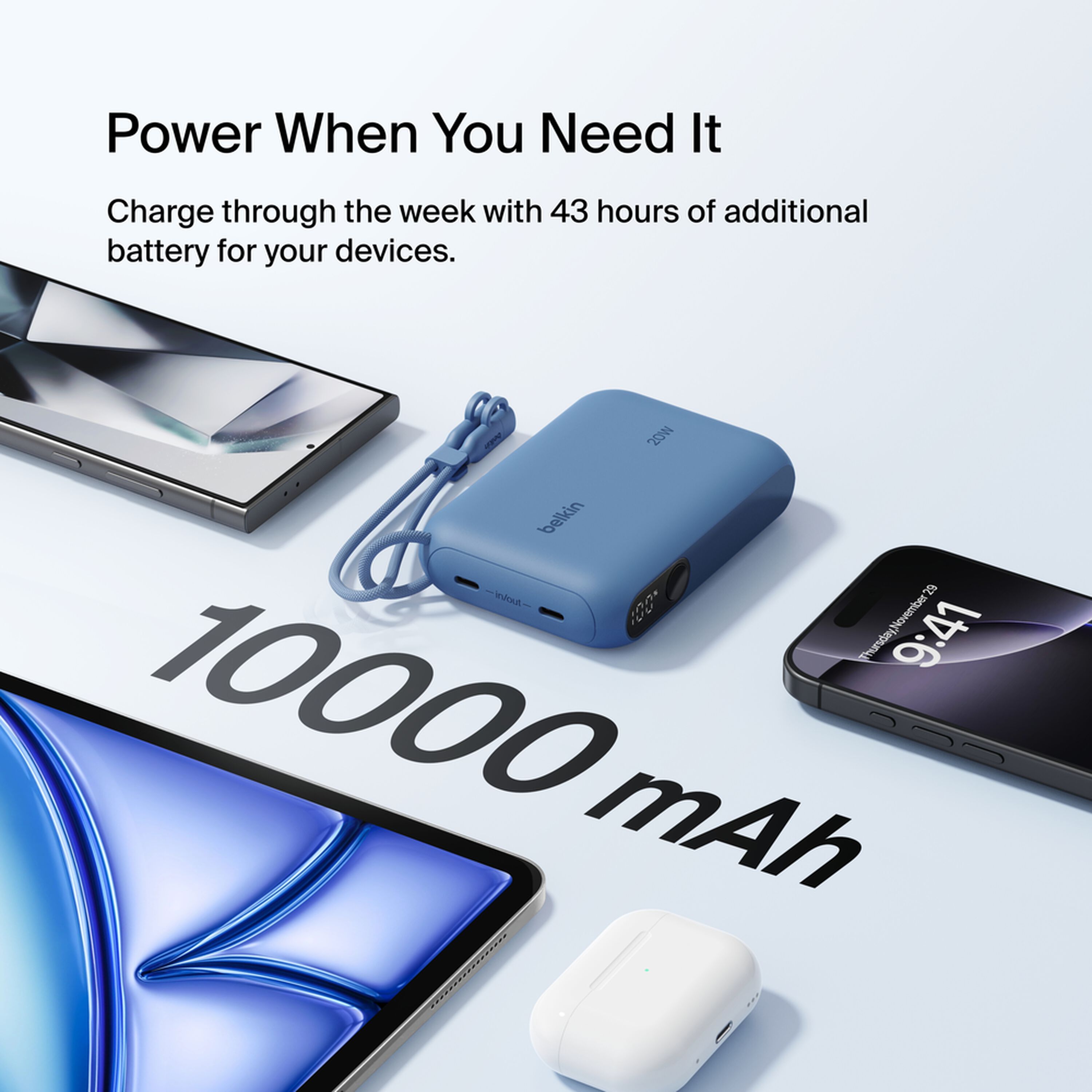 Blue Belkin BoostCharge 10,000 mAh power bank with a digital battery display and two USB-C ports. — view 4